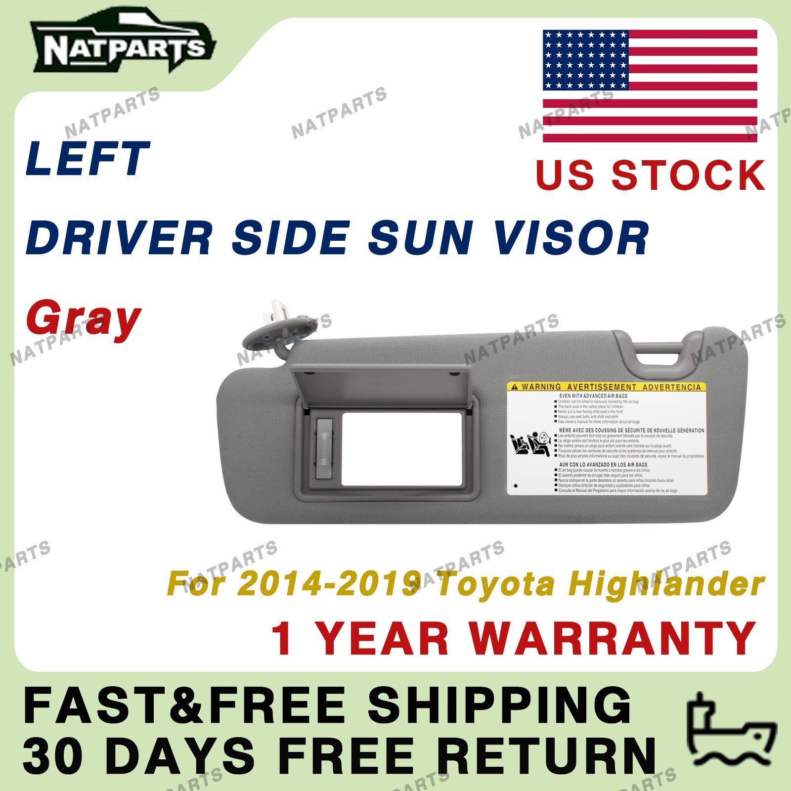 Left Driver Side Sun Visor w/ Light for 2014-2019 ToyotaHighlander74320-0E074-B0