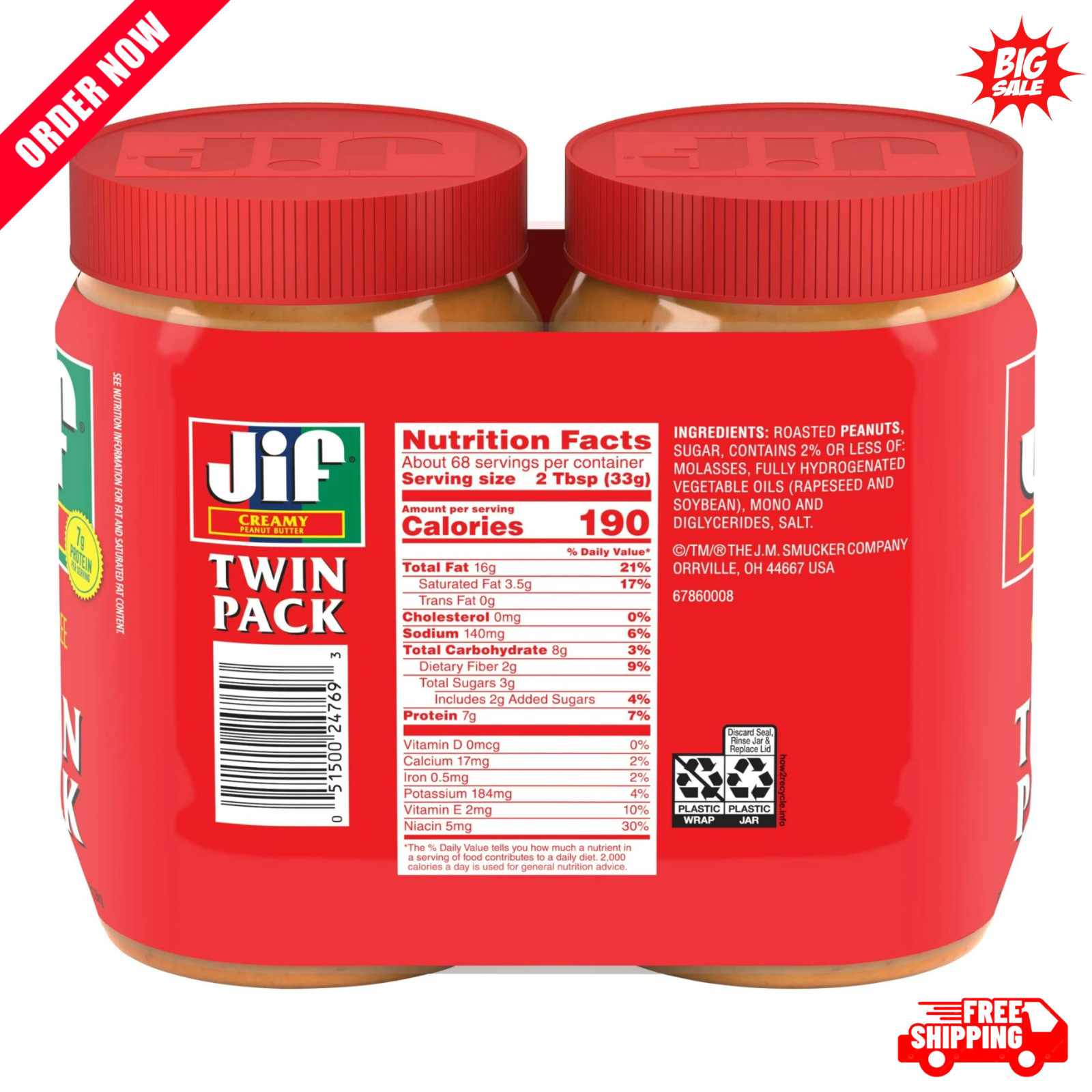 Jif Creamy Peanut Butter, 40 oz Jars (2 Pack)