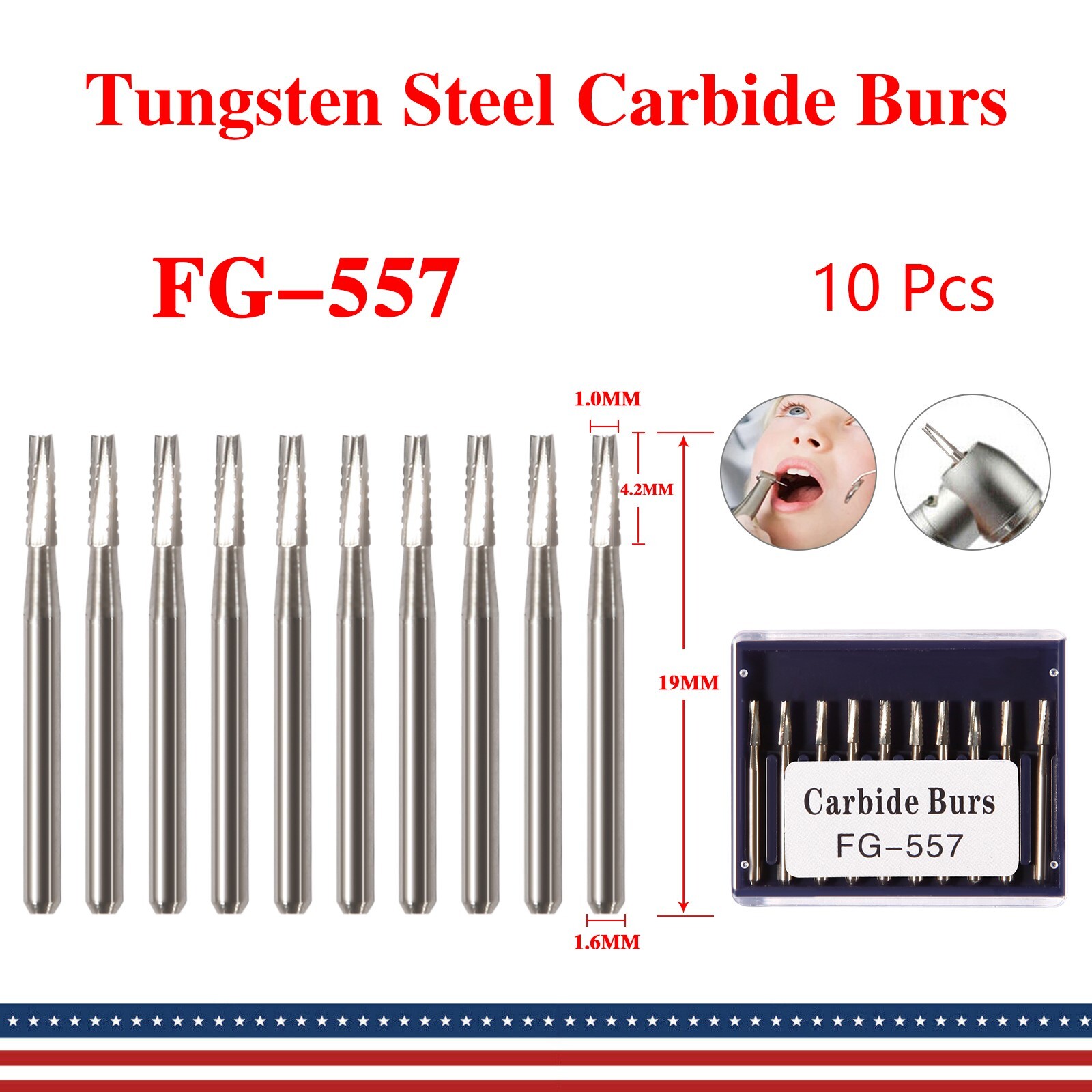 10PCS Dental Tungsten Carbide Steel Burs FG-557 for High Speed Handpiece