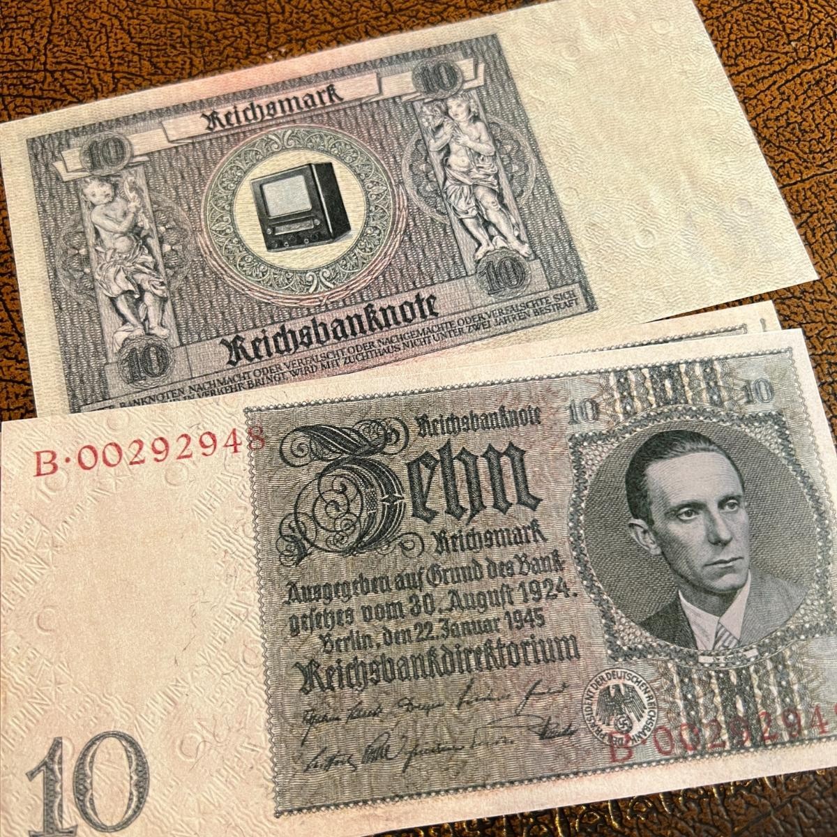 1945 Germany 5 3rd Reich set of Reichsmark banknotes. Hitler, Goebbels, Goering.