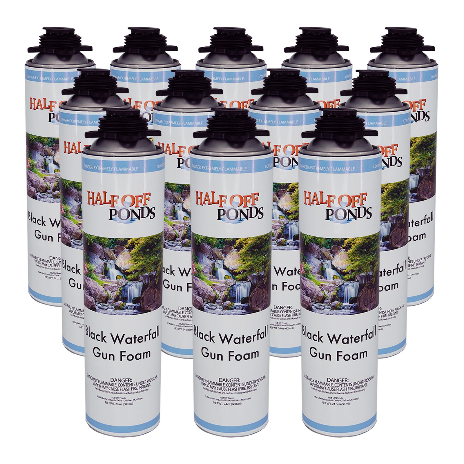 12 Pack Waterfall Gun Foam 24oz – Black Expanding Pond & Rock Sealant Cans