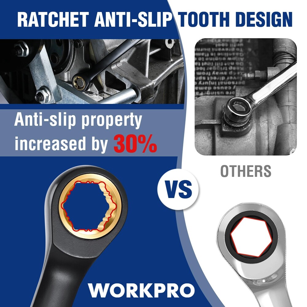 WORKPRO 10PC Extra Long Ratcheting Wrench Set Combination Metric 8-19mm 72-Teeth