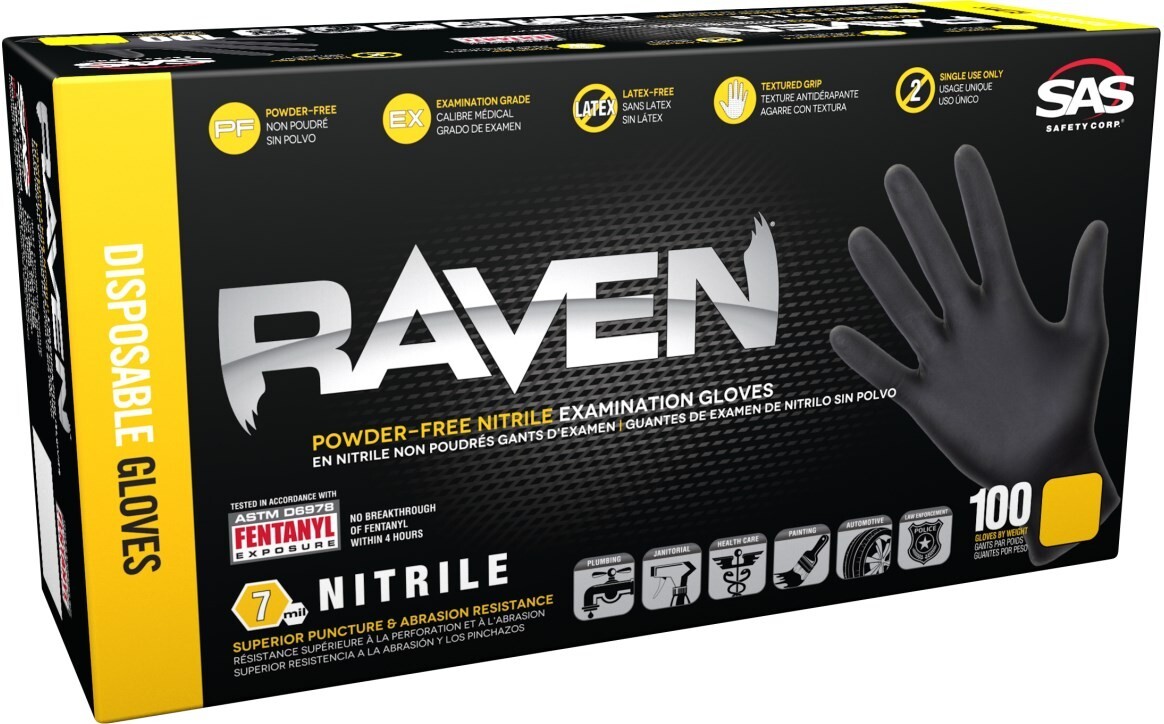 SAS Raven Black Nitrile Gloves Powder Free 7mil (10/Boxes of 100) (XL)