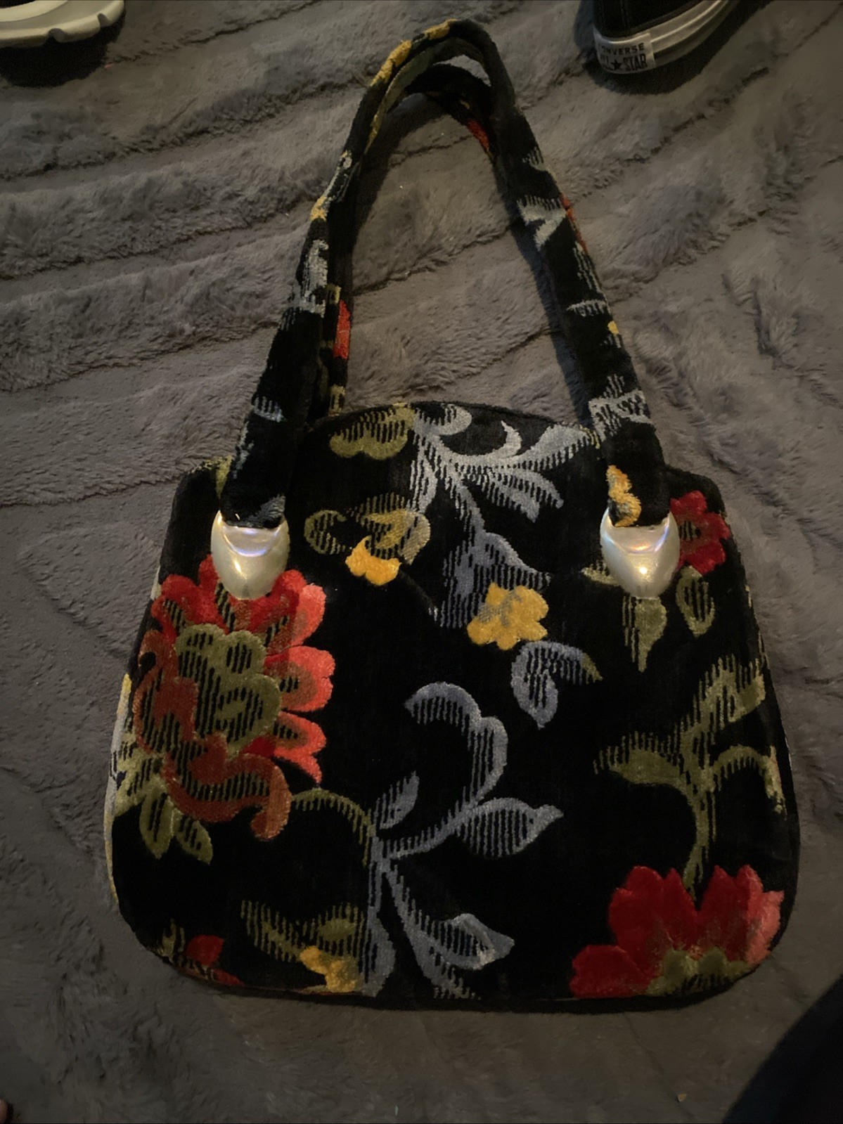 Vintage Carpet Bag Needlepoint Tapestry Satchel Floral Black