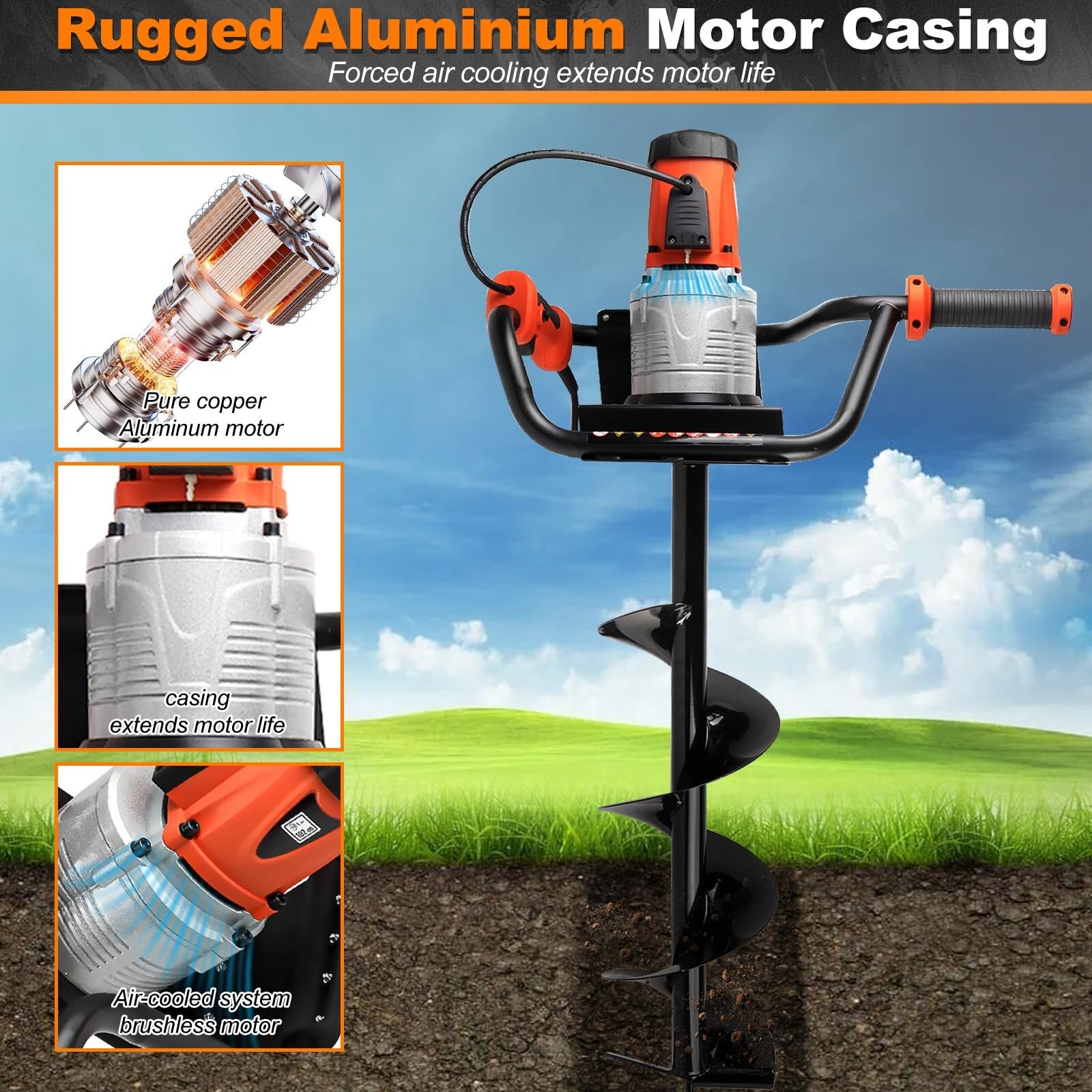 1700W Electric Post Hole Digger Earth Auger with 4, 6, 8-Inch Bits