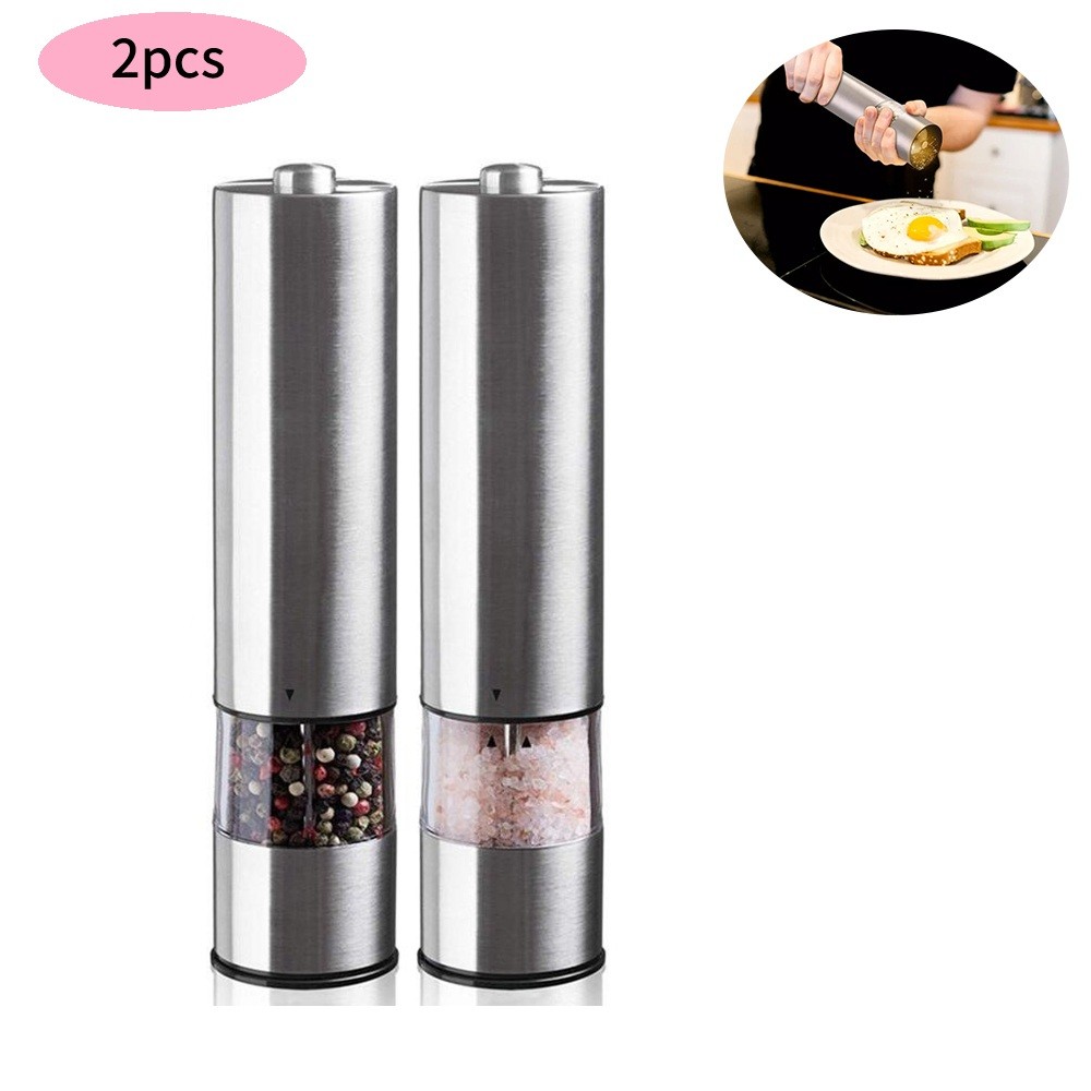 2pcs Electric Salt Pepper Grinder Mill Shakers Set Adjustable Stainless Steel