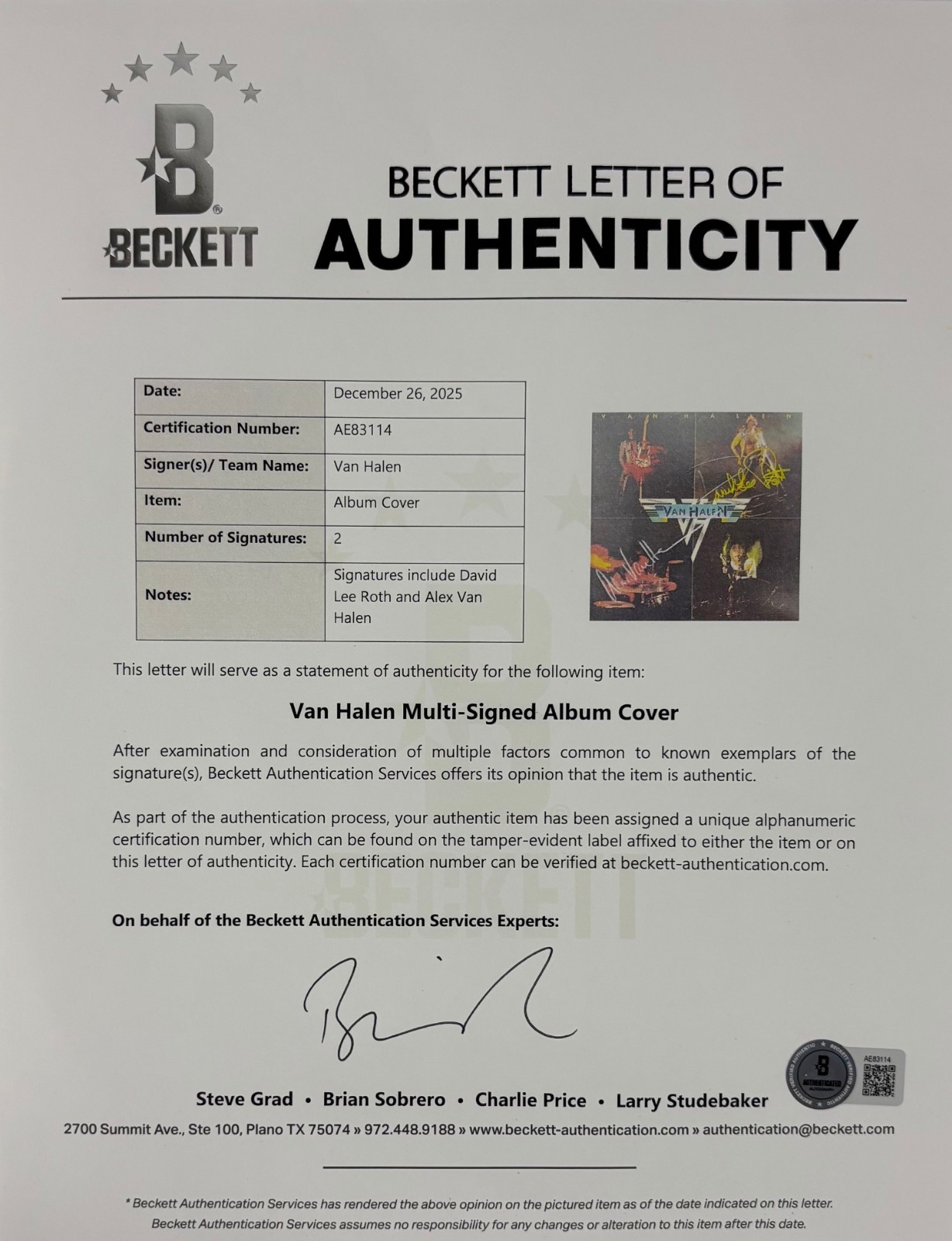 Van Halen Debut Vintage Signed Album Alex Van Halen David Lee Roth Beckett BAS