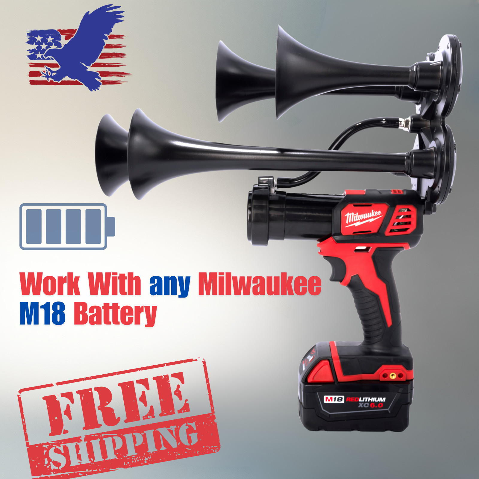 💥Milwaukee PREMIUM 18V impact Train Air Horn 4X QUADRUPLE Loud Air Trumpet