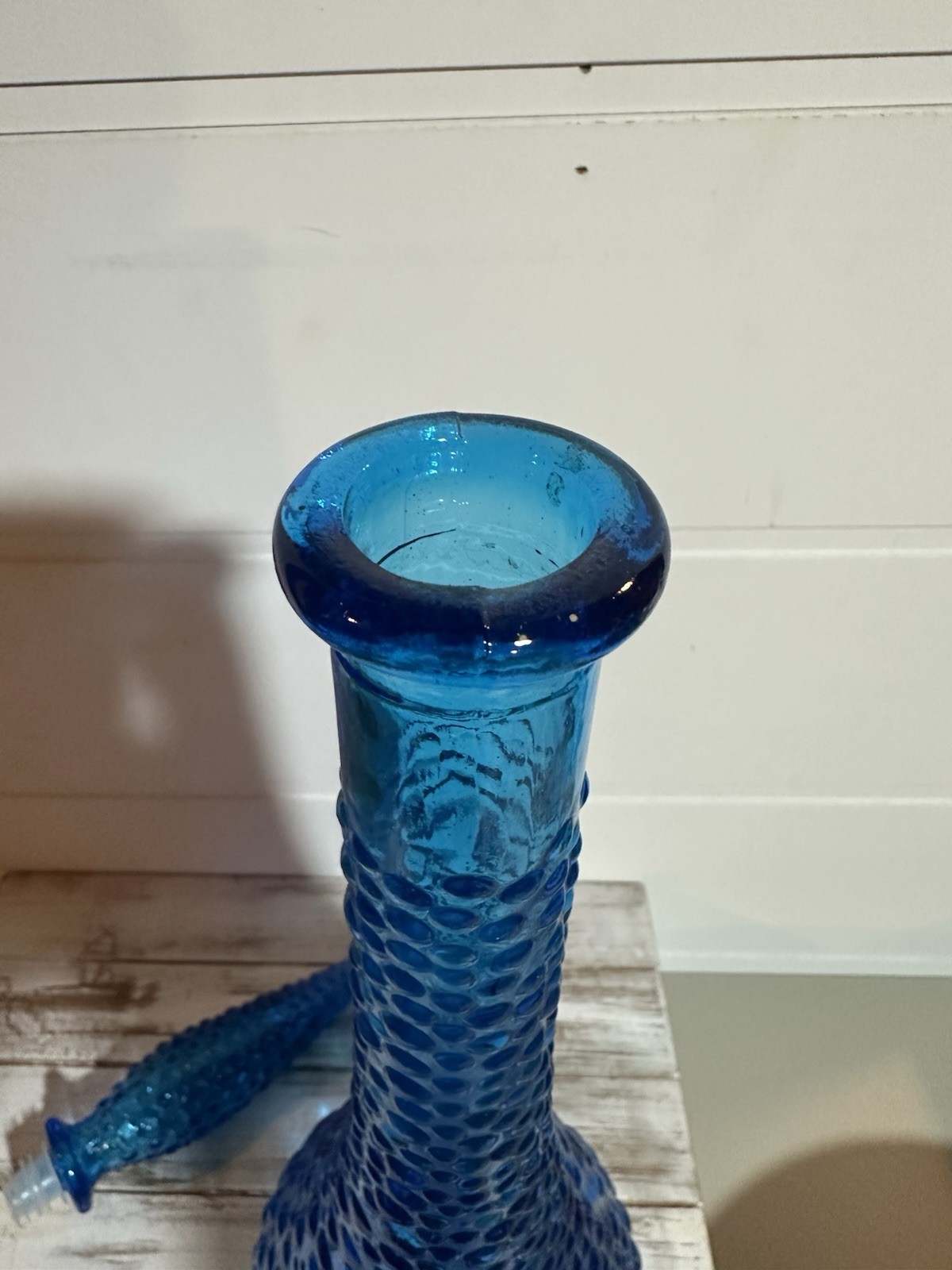 Vtg Blue Hobnail Glass Decanter Genie Bottle 22.75” W/ Stopper Empoli MCM Italy