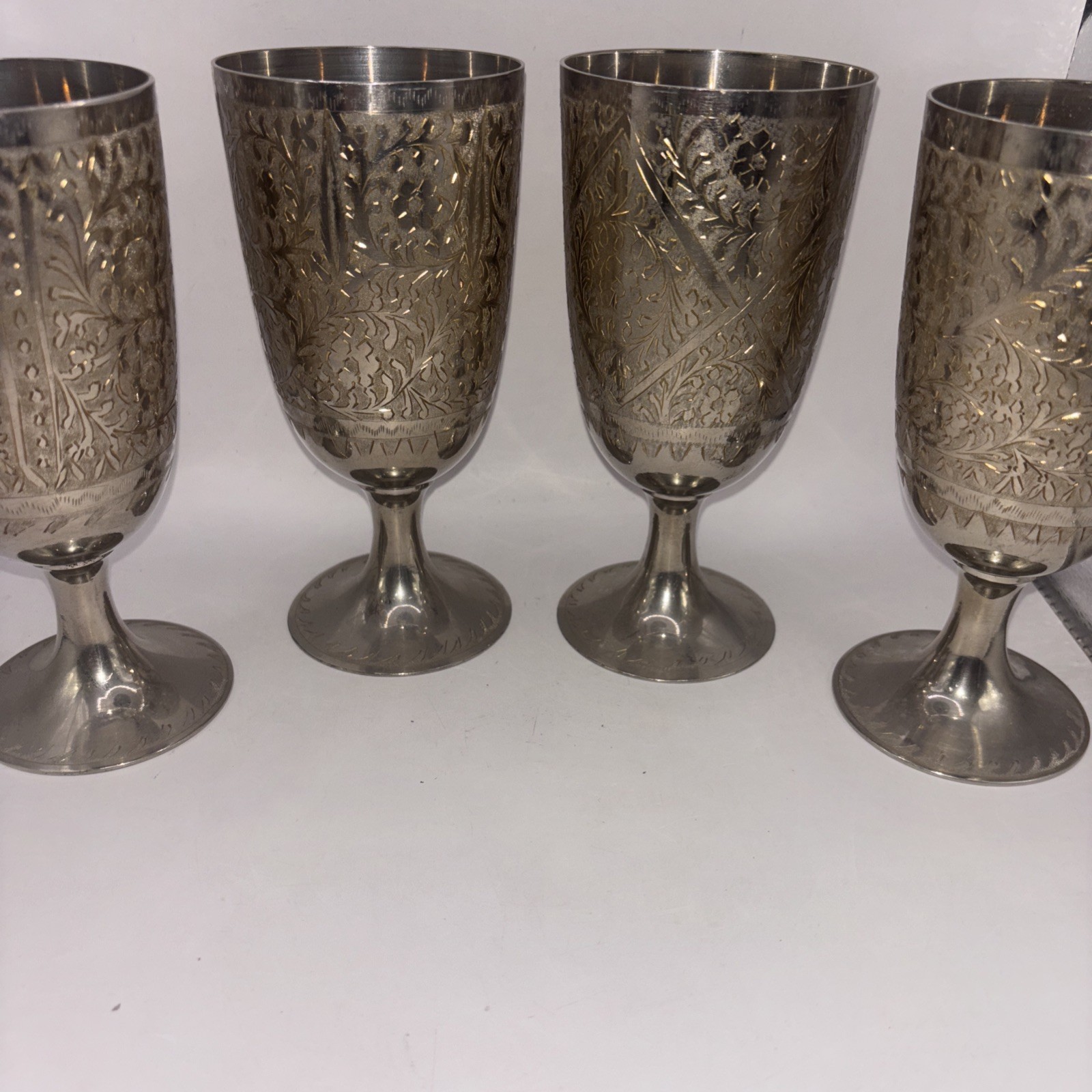 4 ZY India Modern Vine Heavy Wine Goblet Silver Plated 7” Etched Engraved