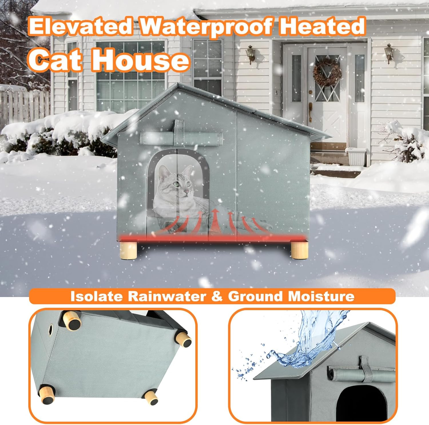 Heated Outdoor Cat House for Winter, Elevated Weatherproof Cat House with Thermo