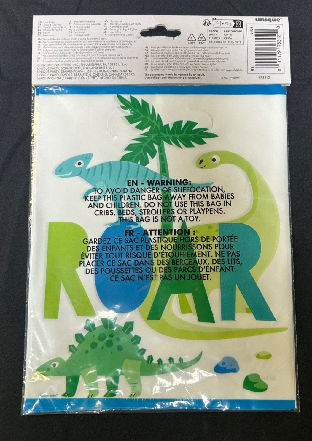 ROAR! Dinosaur - Party Plastic Loot Bags - Pack of 8 - Brand New