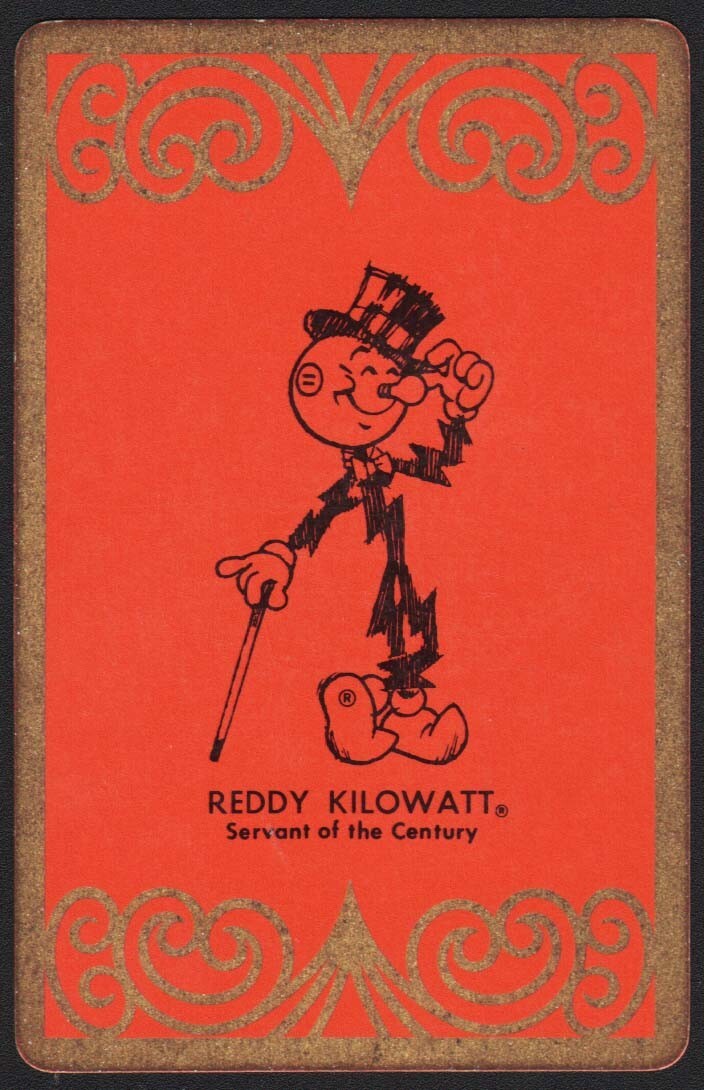 Vintage single playing card REDDY KILOWATT top hat and cane Reddy red background