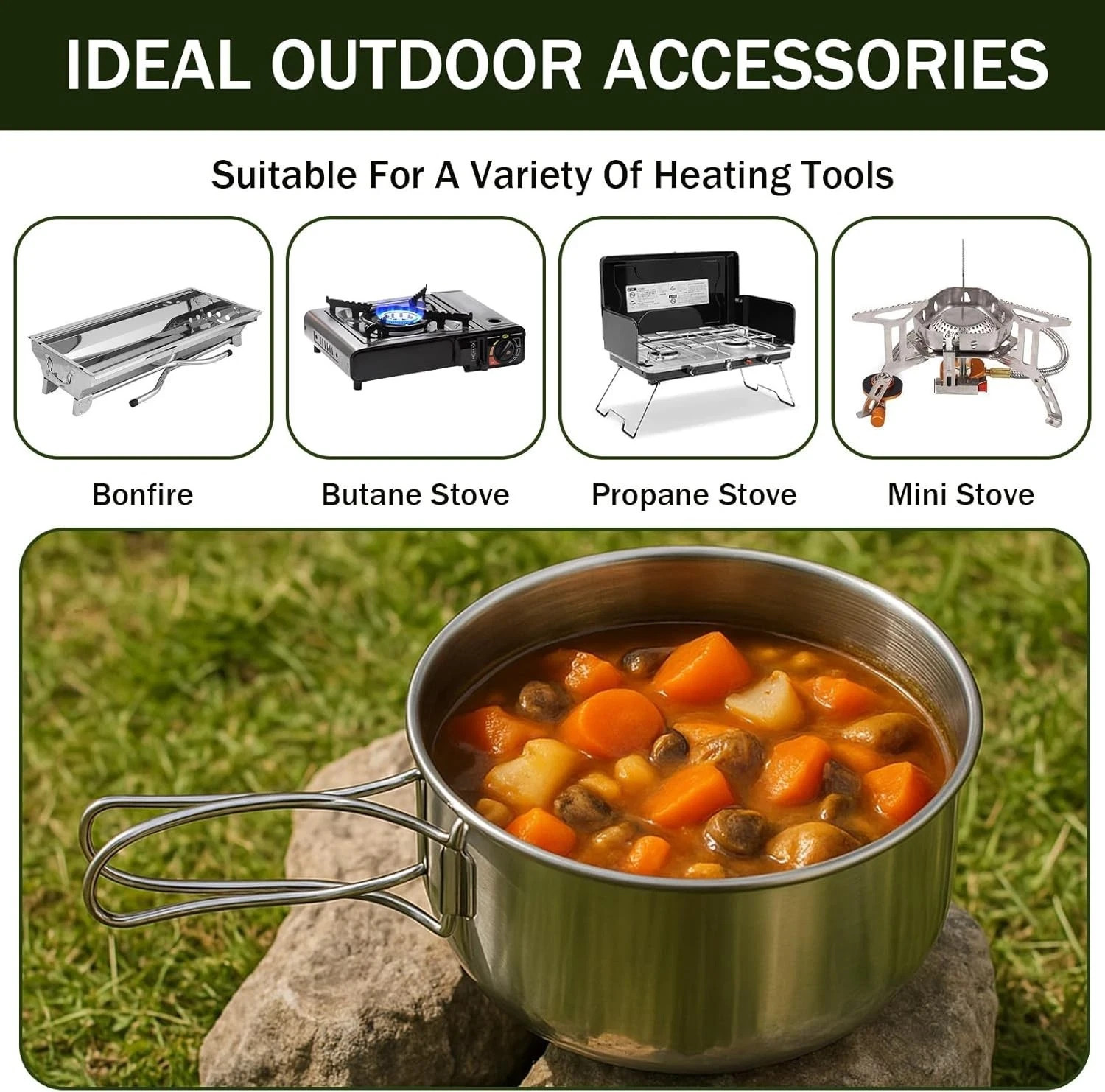 14Pcs Stainless Steel Camping Cookware Set Lightweight Compact Camping Pots Pan