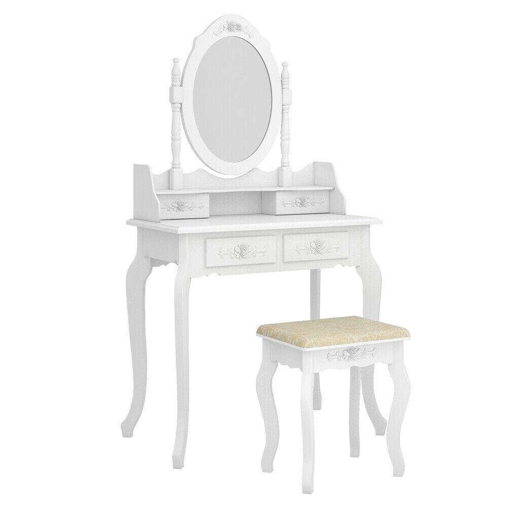 White Vanity Makeup Dressing Table Set w/Stool 4 Drawer&Mirror Jewelry Wood Desk