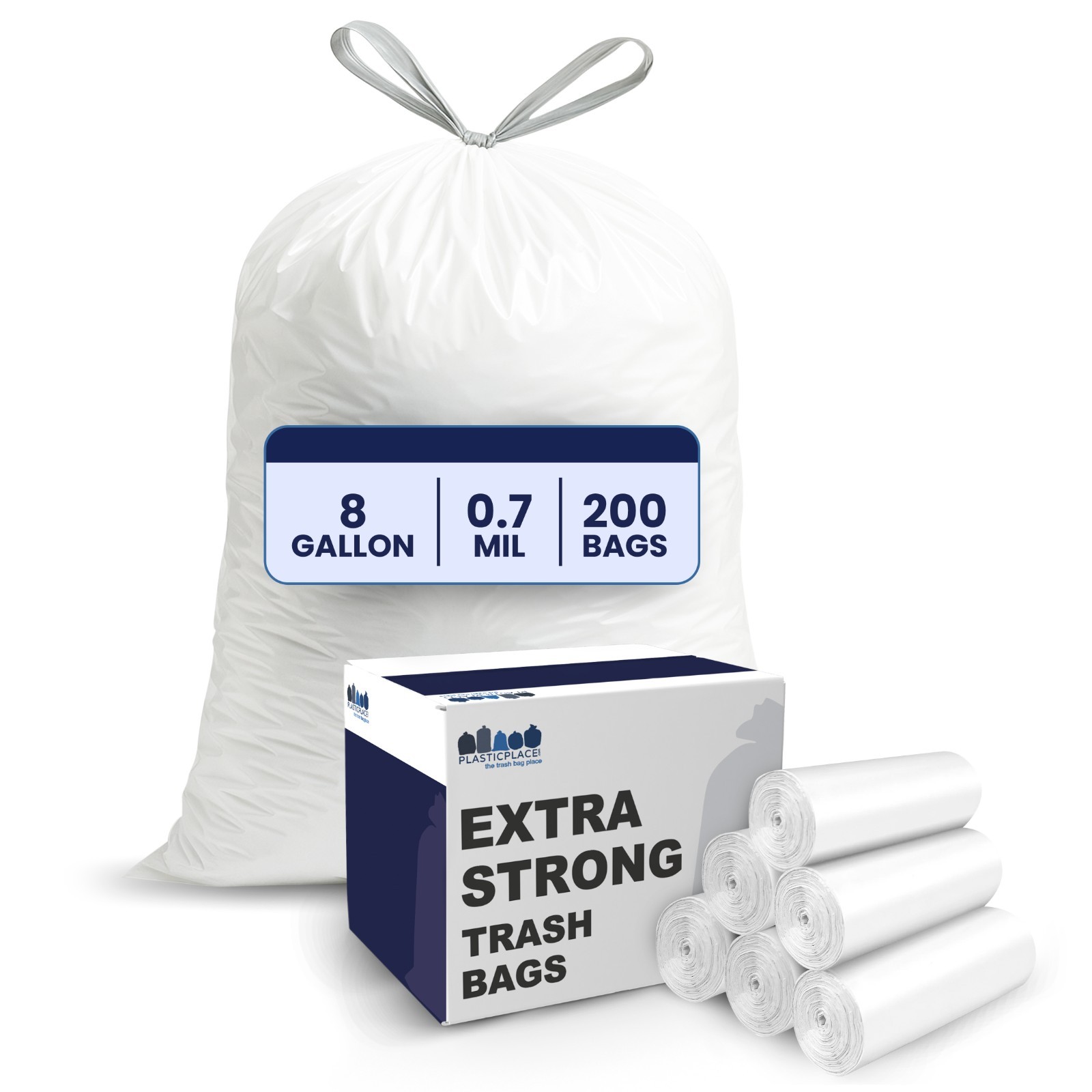 Plasticplace 8 Gallon White Trash Bags, 0.7 Mil, 200 Case