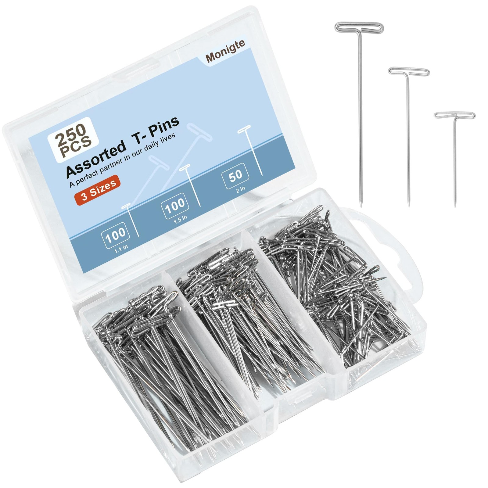 250Pcs T Pins, 1inch /1.5inch/ 2 inch T-Pins,Stainless Steel T Pin for Wigs, ...