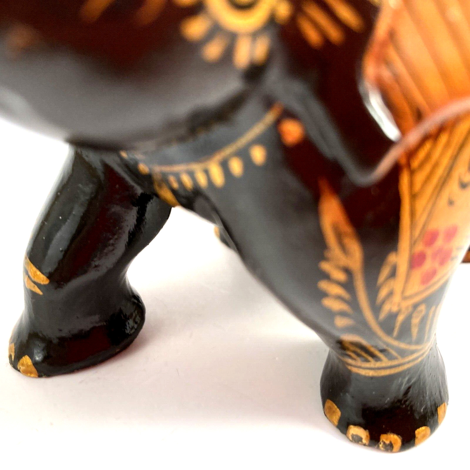 Wooden Trunk Up Elephant Figure Handpainted Gold Highlight Designs MISSING TUSKS