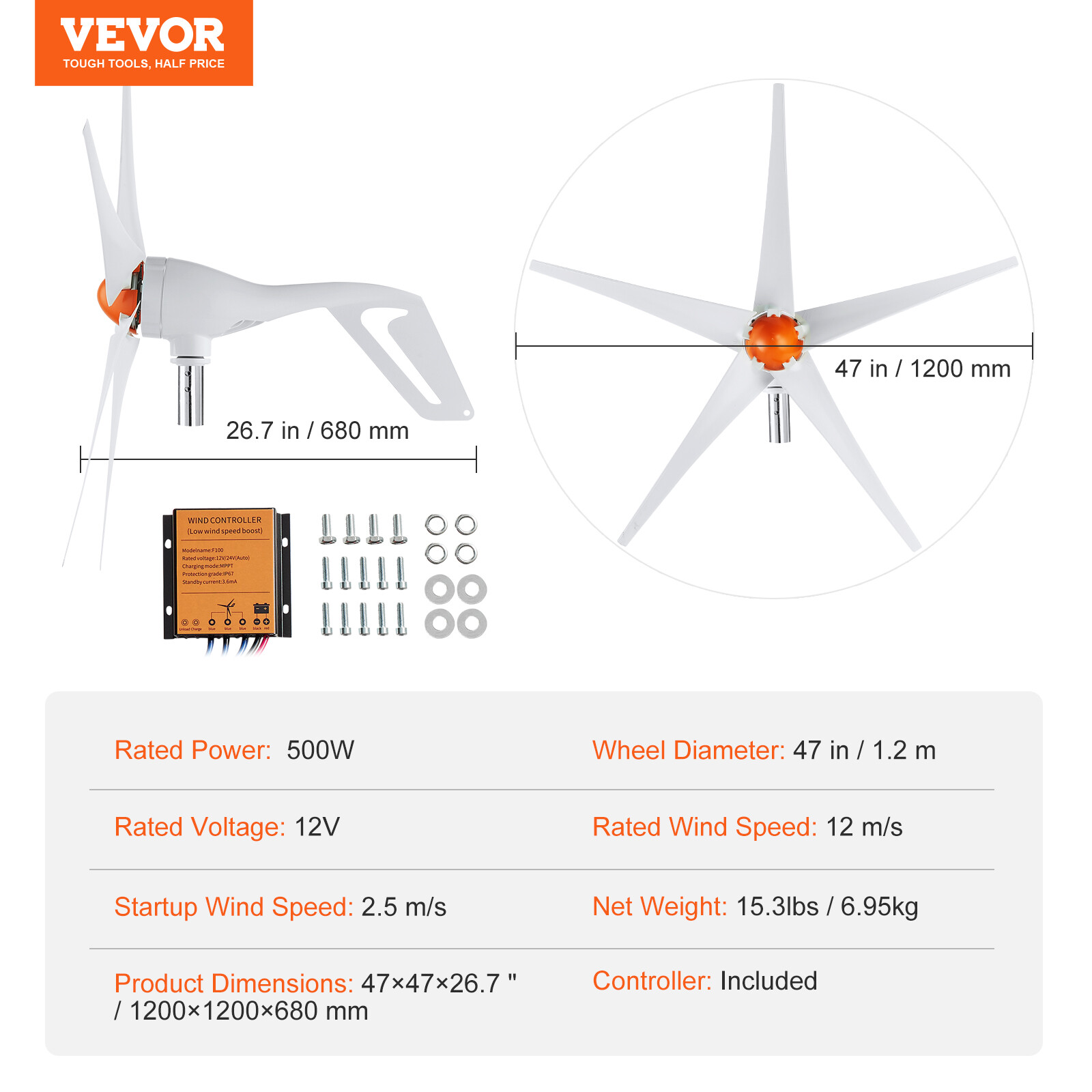 VEVOR 500W Wind Turbine Generator 12V 5-Blade Wind Turbine Kit & MPPT Controller