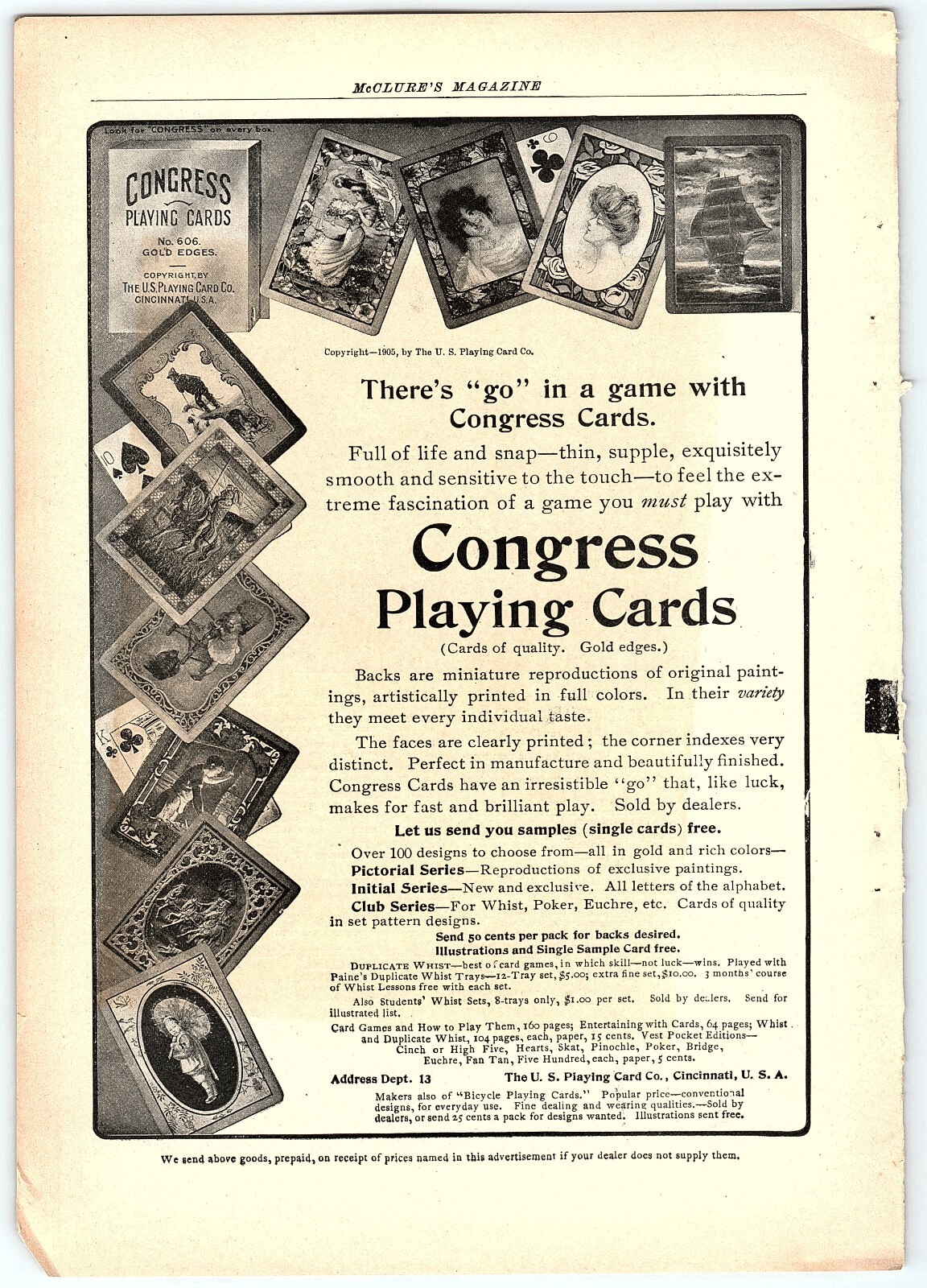 1906 CONGRESS PLAYING CARDS U.S CINCINNATI GAMBLING POKER FULL PG PRINT AD Z3552