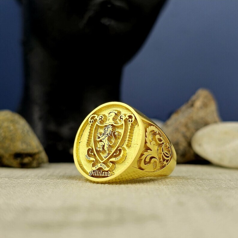 Custom Gold Plated Crest Ring for Men - Engraved Coat of Arms Signet Jewelry