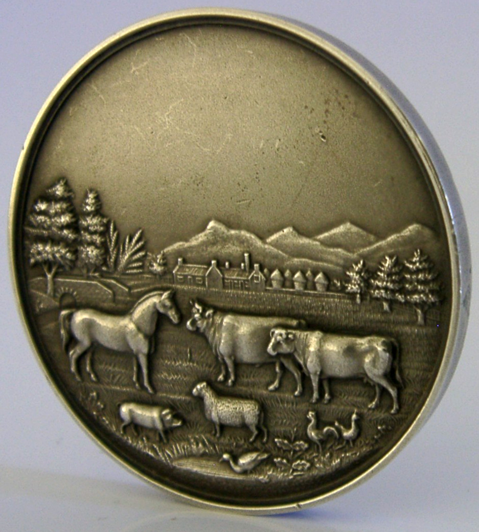 LARGE 50g ENGLISH SOLID STERLING SILVER FARMING MEDAL 1902 LIVESTOCK HORSE COWS