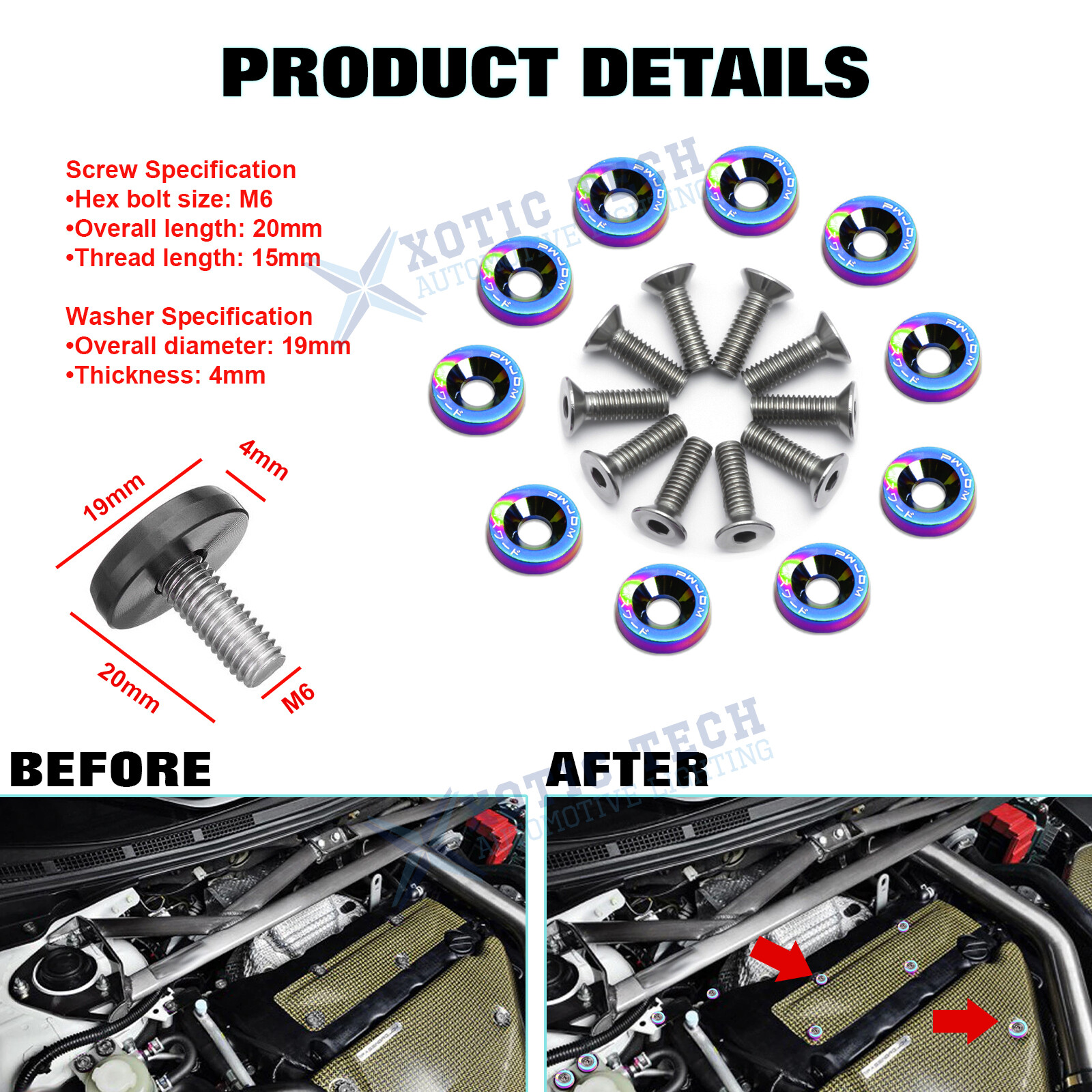 10x JDM Billet Aluminum Alloy Fender Bumper Washer Engine Bay Screw Bolts Kits