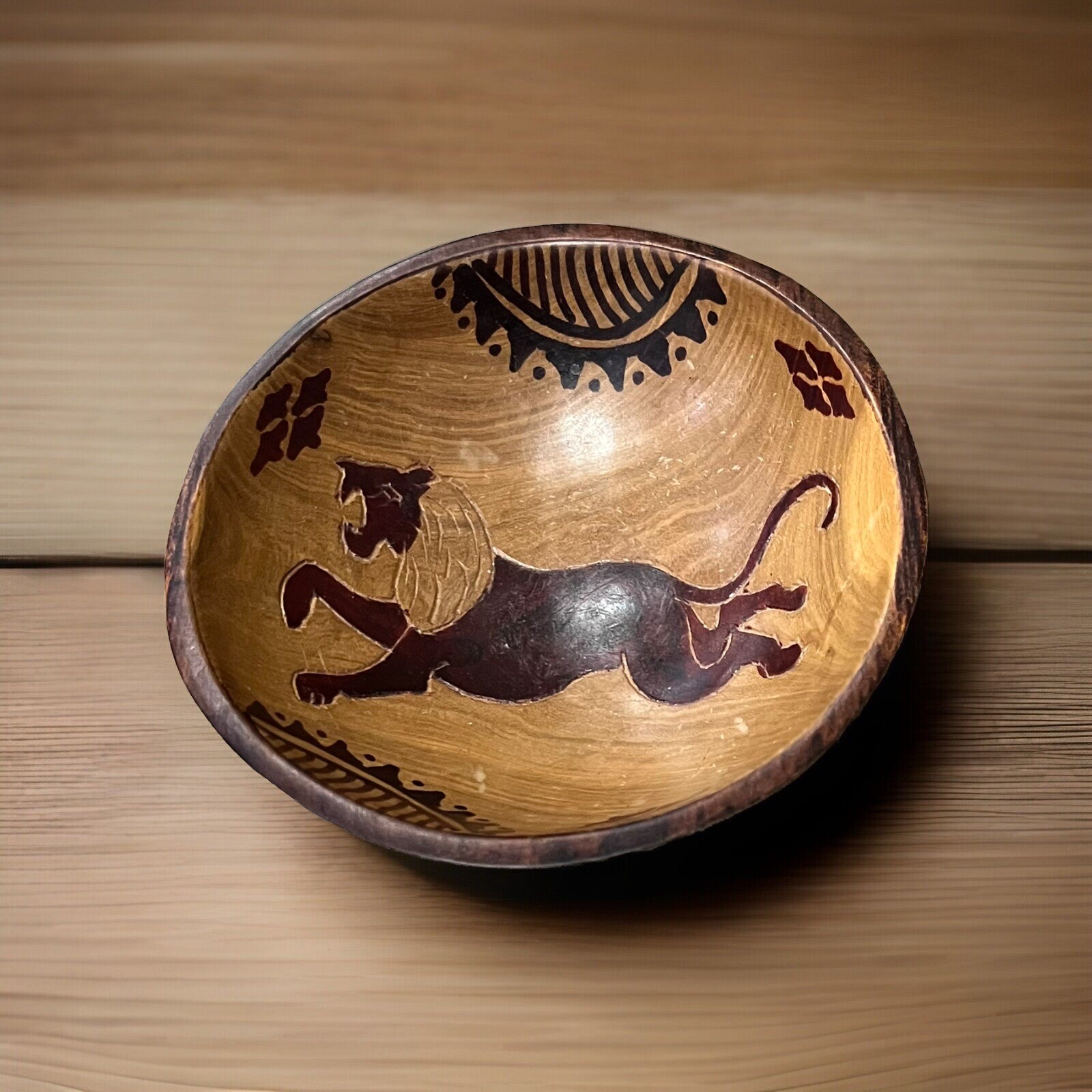 African Lion Decorative Serving Bowl Vintage Hand Carved 6”