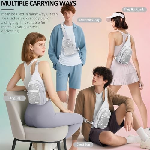 Sling Bag for Women Men, Glitter Crossbody Bags, Cute Mini Silver Bling Sparkly