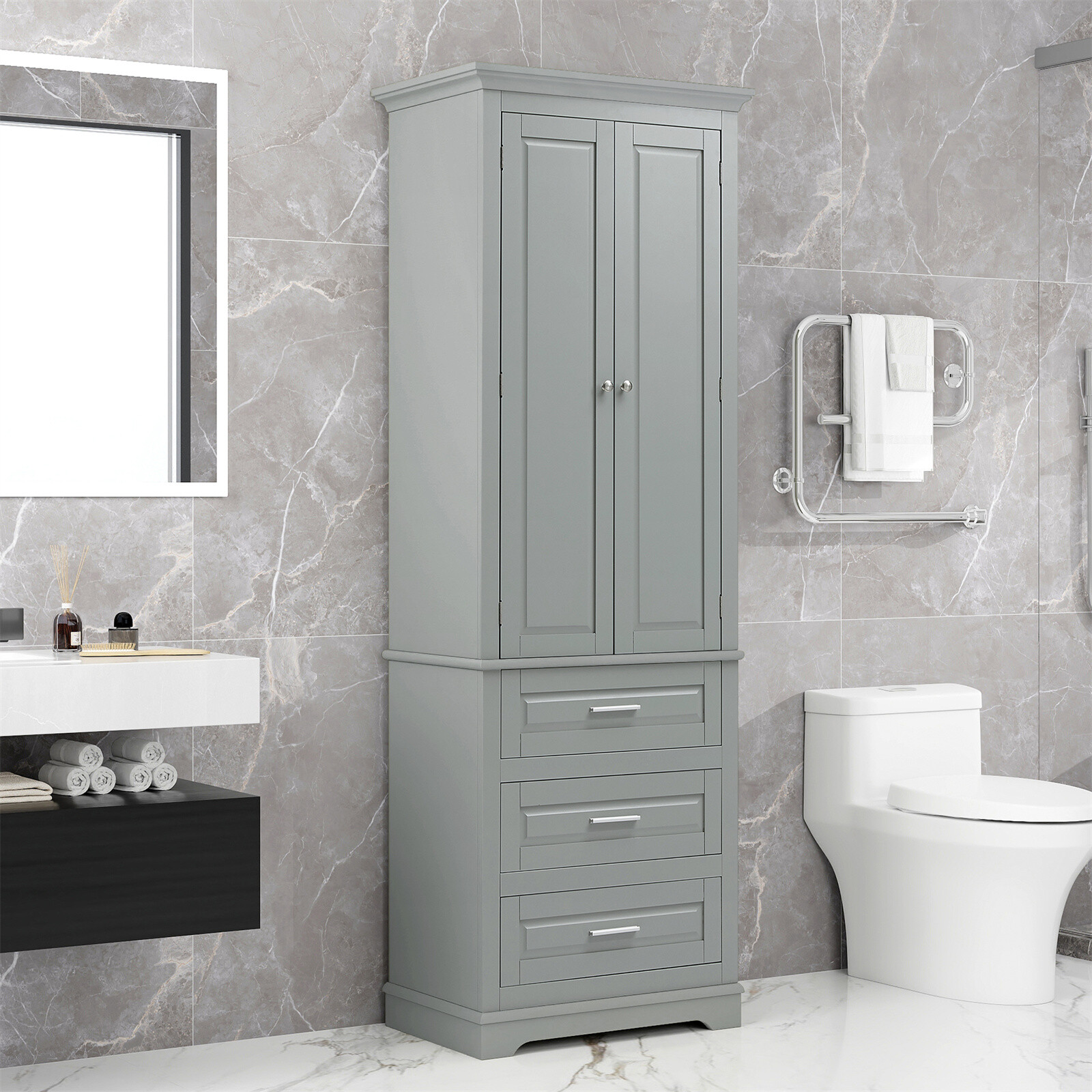 Tall Bathroom Storage Cabinet Floor Cabinet with Drawers and Adjustable Shelves