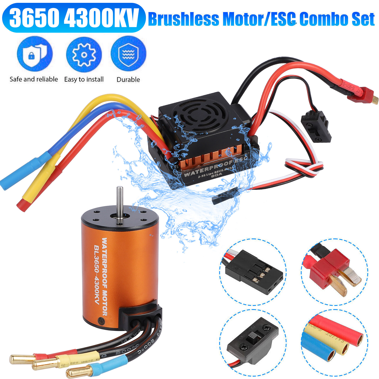 Brushless Motor Waterproof 3650 4300KV Upgrade w/ 60A ESC Combo for 1:10 RC Car