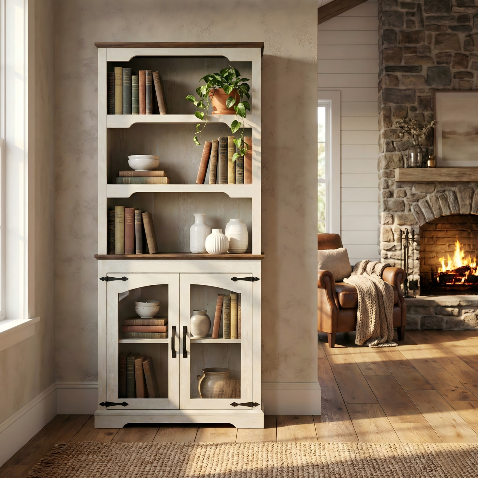 Farmhouse Tall Bookcase with Doors, Rustic White Storage Cabinet with Anti-Tip