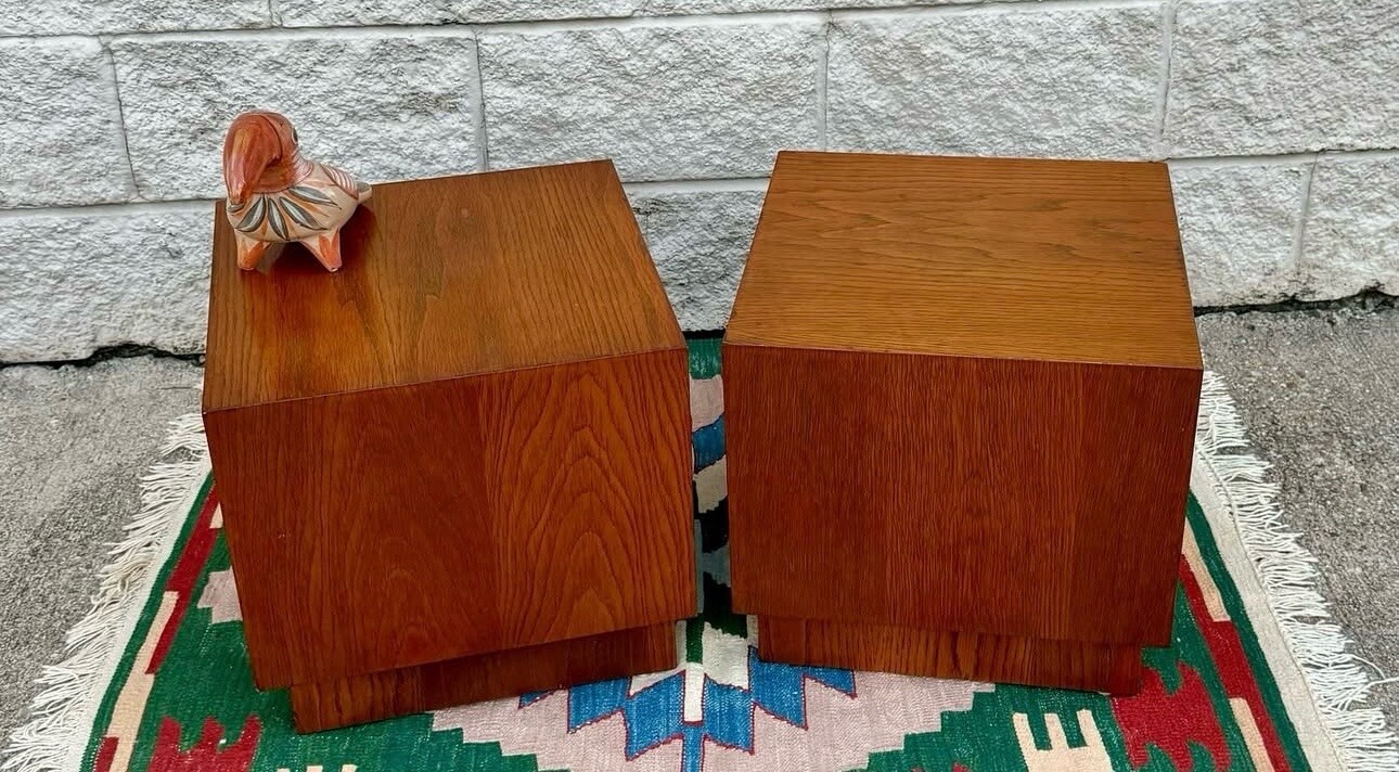 Pair of Walnut Mid Century Modern Cube Shape Side End Tables Plinth Base