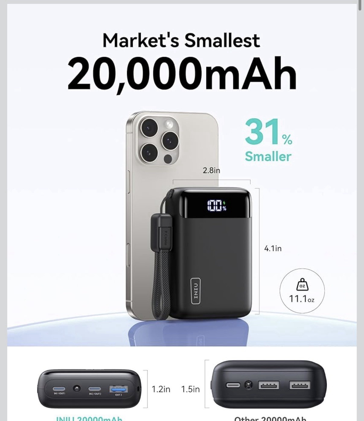 INIU Portable Charger Smallest 22.5W 20000mAh USB C in&Out Power Bank Fast Charg