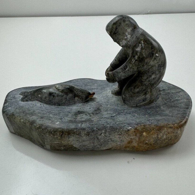 Alaskan Native Vtg Soapstone Tableau Seal & Hunter Contemporary Green Variegated