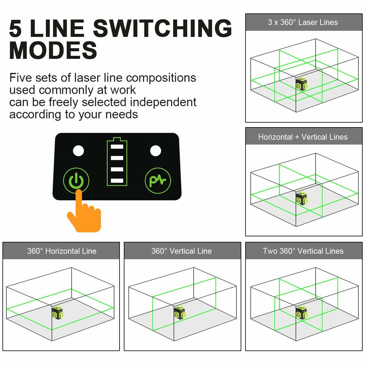 3D Cross Line Self leveling Laser Level Green Beam with Type-C Charging Port
