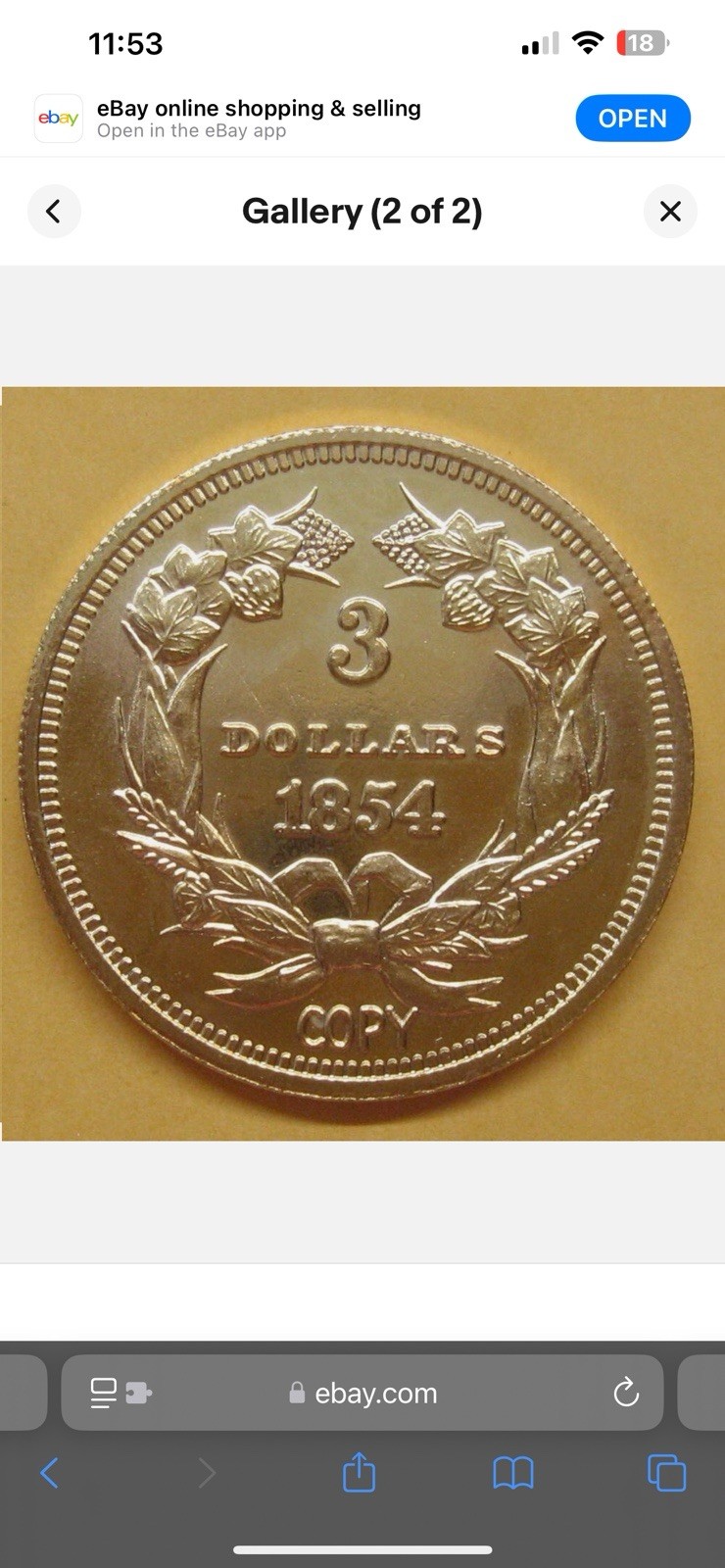 $3 Dollar Indian Princess Head Gold 24kt 1854 COIN TREASURE 24KT Plated