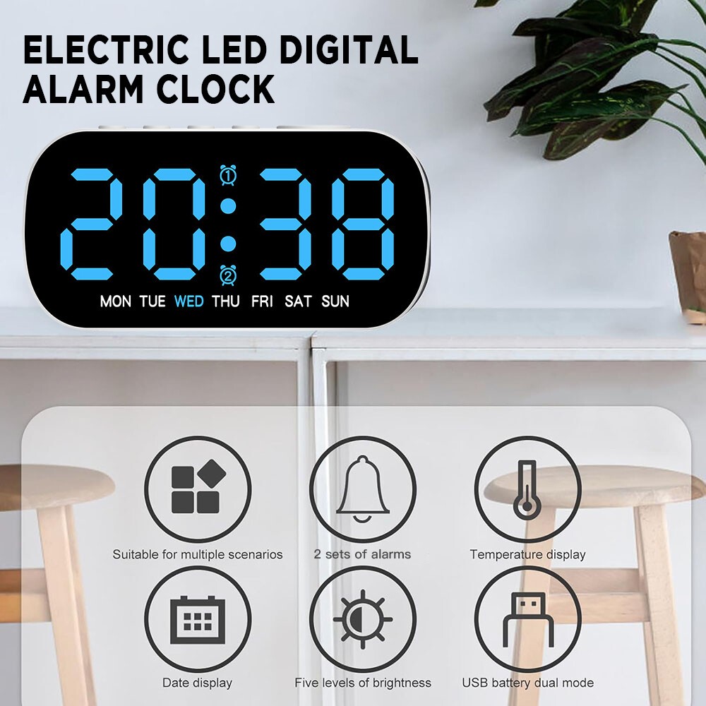 Electric Digital Alarm Clock LED Large Display Battery Backup Snooze Dual Alarm