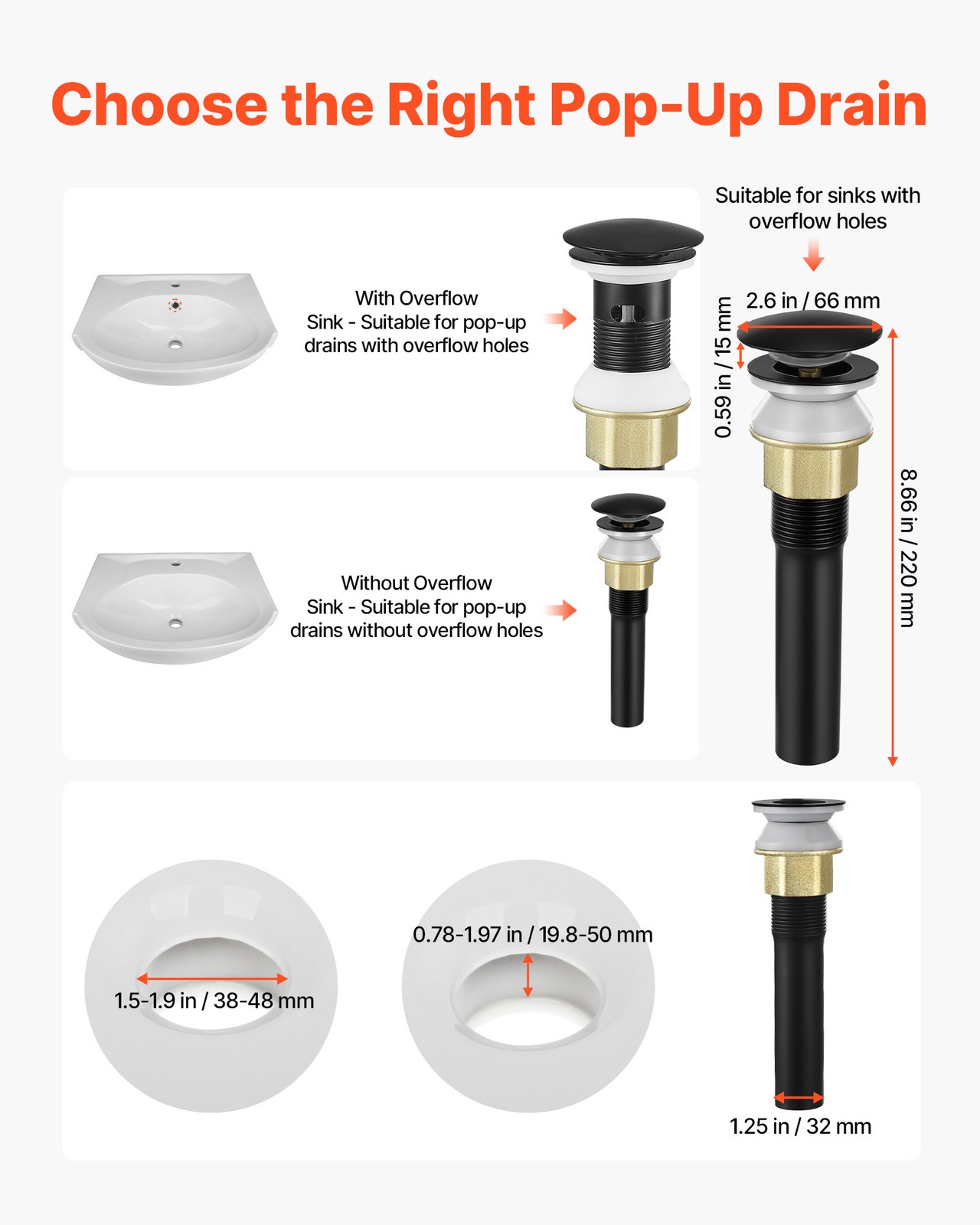 VEVOR Bathroom Sink Drain with Overflow Anti-Clogging Vessel Sink Drain Strainer