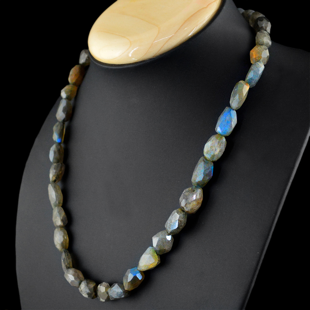 254.50 CTS NATURAL BLUE COLOR FLASH LABRADORITE FACETED BEADS NECKLACE (RS)