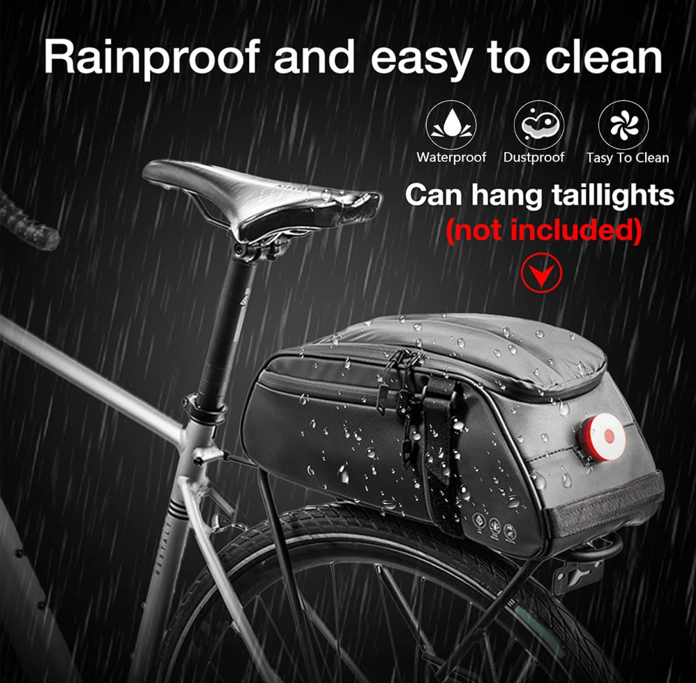 Bike Rear Bag Black Reflective Water Resistant 8L Storage Multipocketed w/Straps