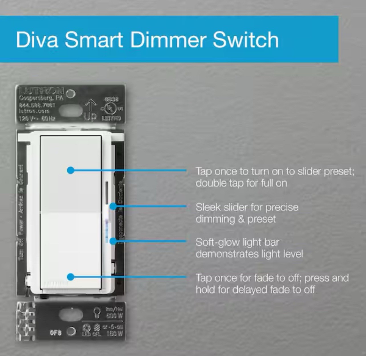 LutronDiva Smart Dimmer Switch Starter Kit for Caseta Smart Lighting DVRF-BDG1D