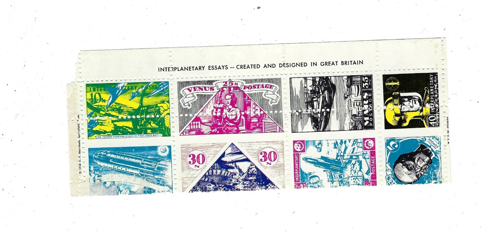 Interplanetary postage stamps sheet of 8  for 8 planets Miss perfed