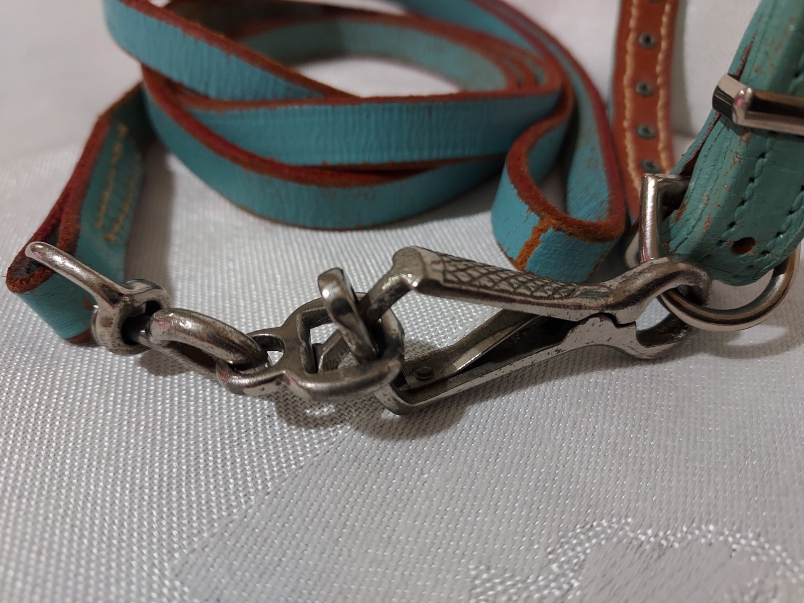 Rare Vtg Rhinestone Jeweled Turquoise Leather Pet Collar & Leash Set 11.5"-13.5"