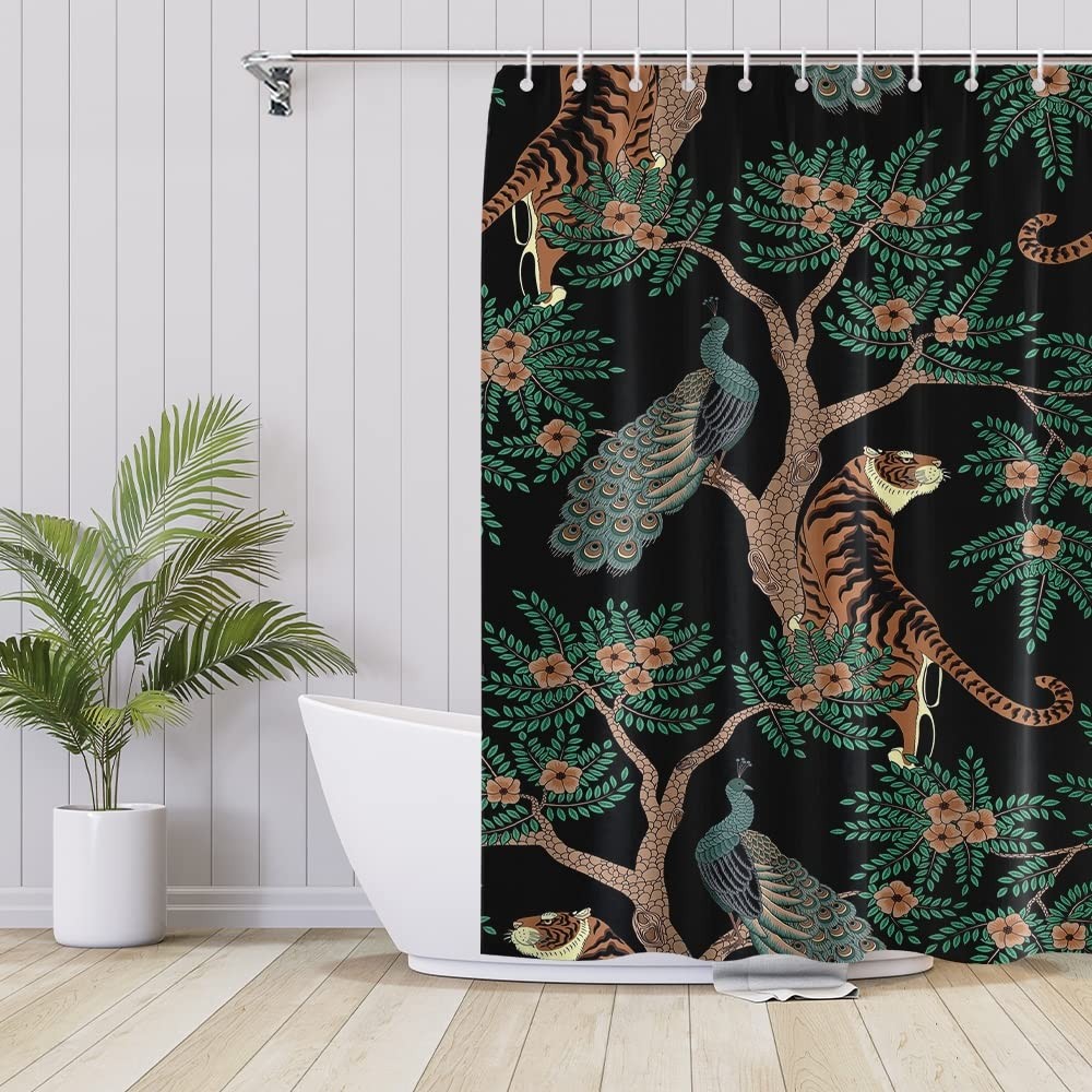 Retro Tiger and Peacock Shower Curtain Set Vintage Dark Green Plant Shower Cu...
