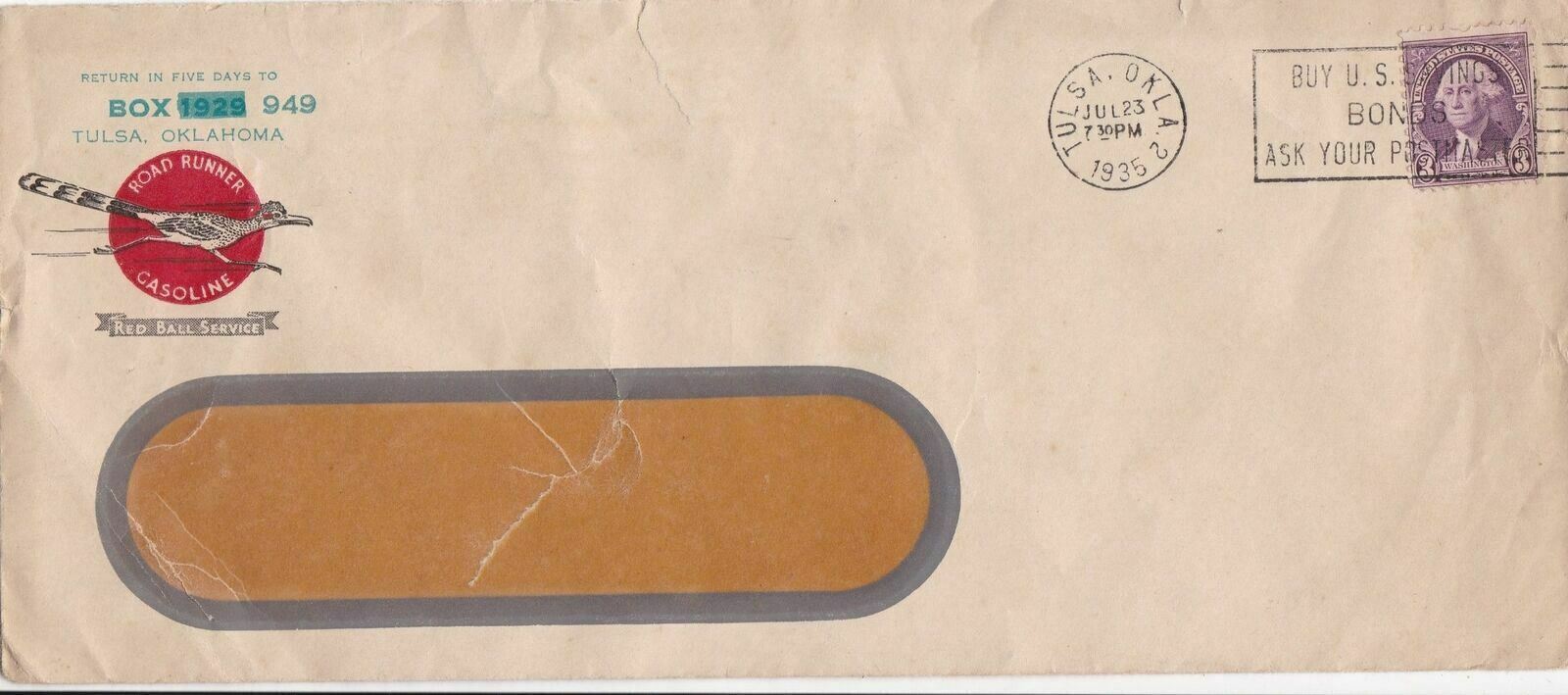 U.S. ROAD RUNNER GASOLINE, Tulsa,Okla Bird Logo 1935 Slogan Stamp Cover Rf 47163