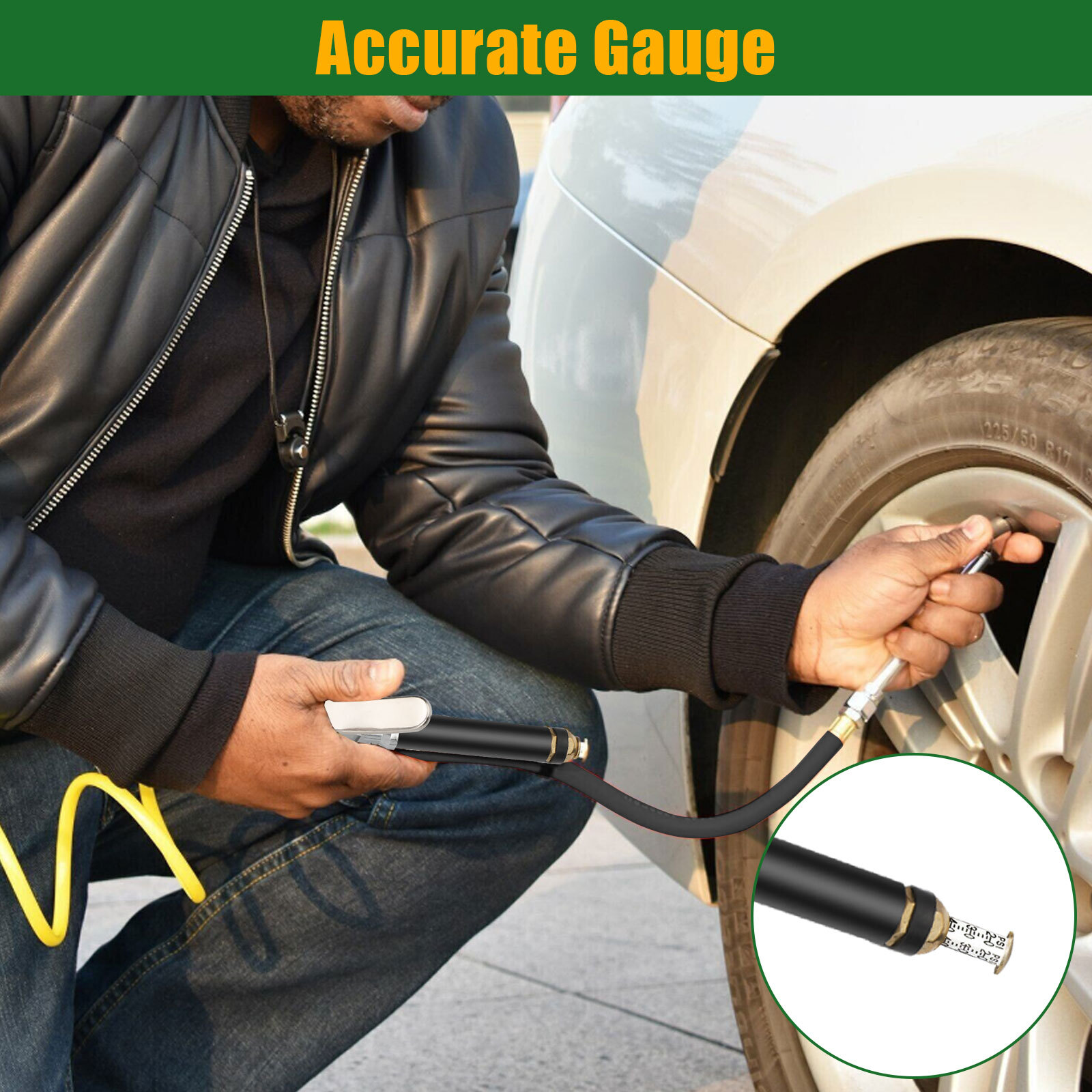 Air Tire Inflator With Pressure Gauge Dual Head Chuck 12" Compressor Rubber Hose