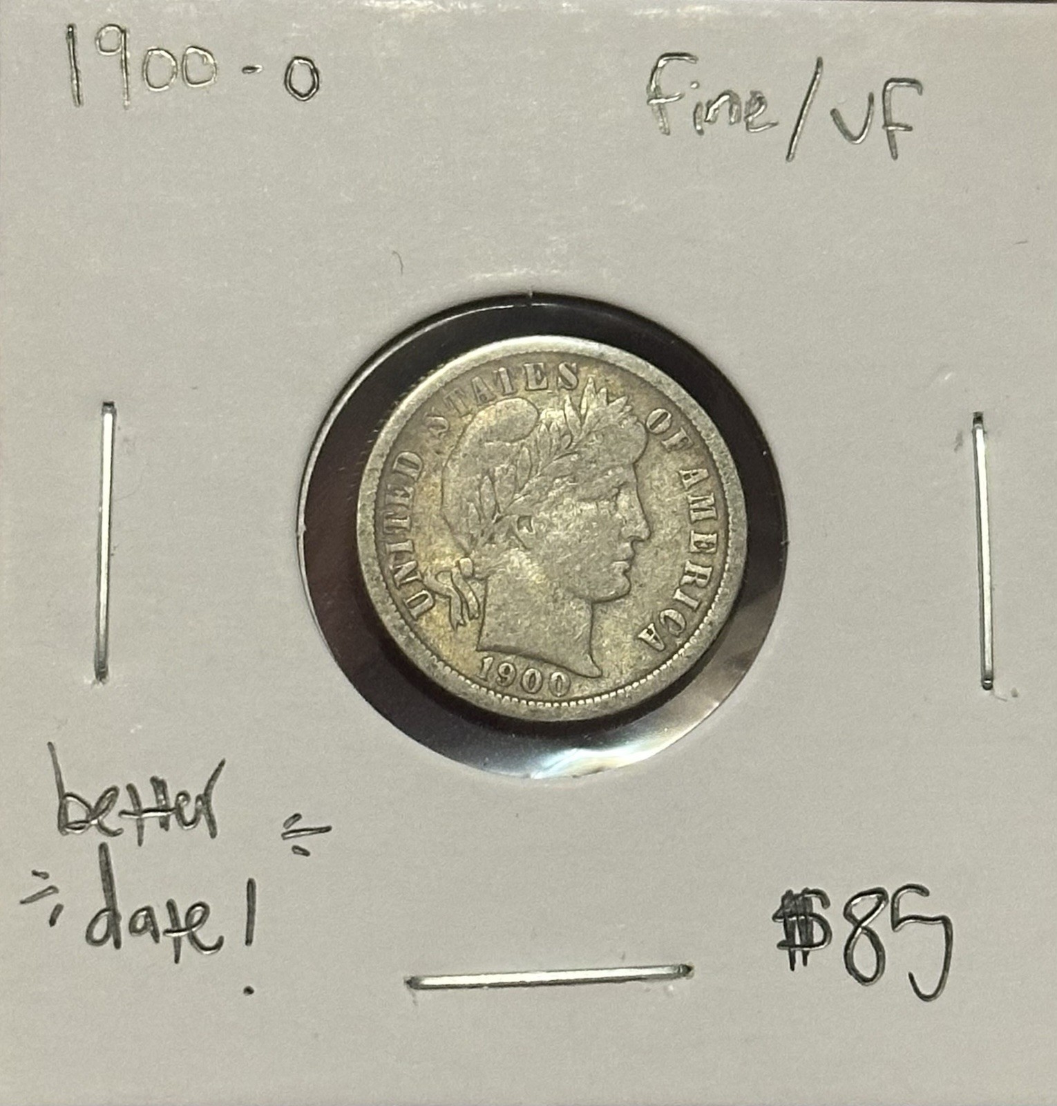 1900-O Barber Dime F+/VF ~Better Date!~