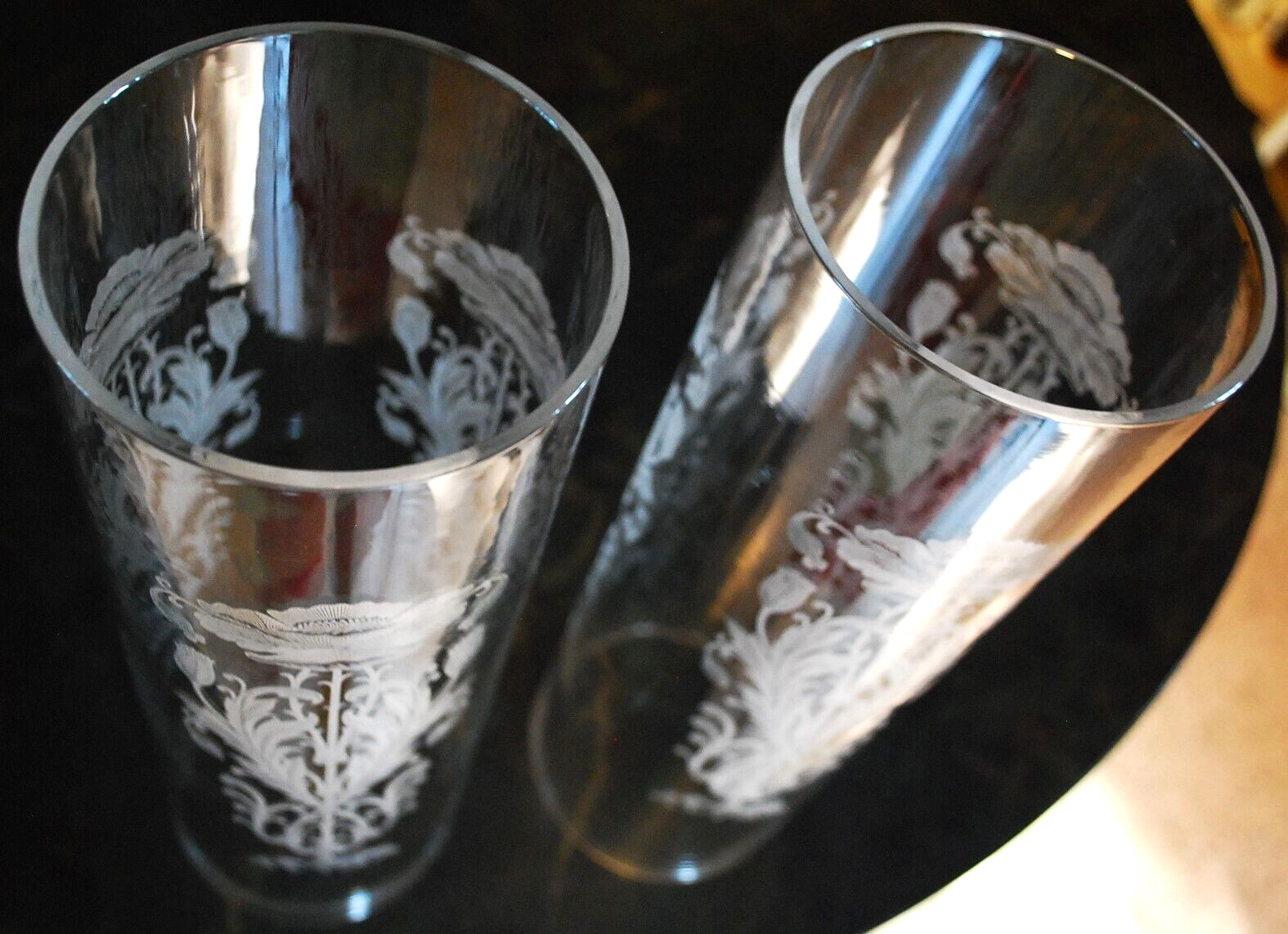 Set 2 TIFFIN FRANCISCAN Crystal Hurricane Lampshades FLANDERS CLEAR ETCH POPPIES