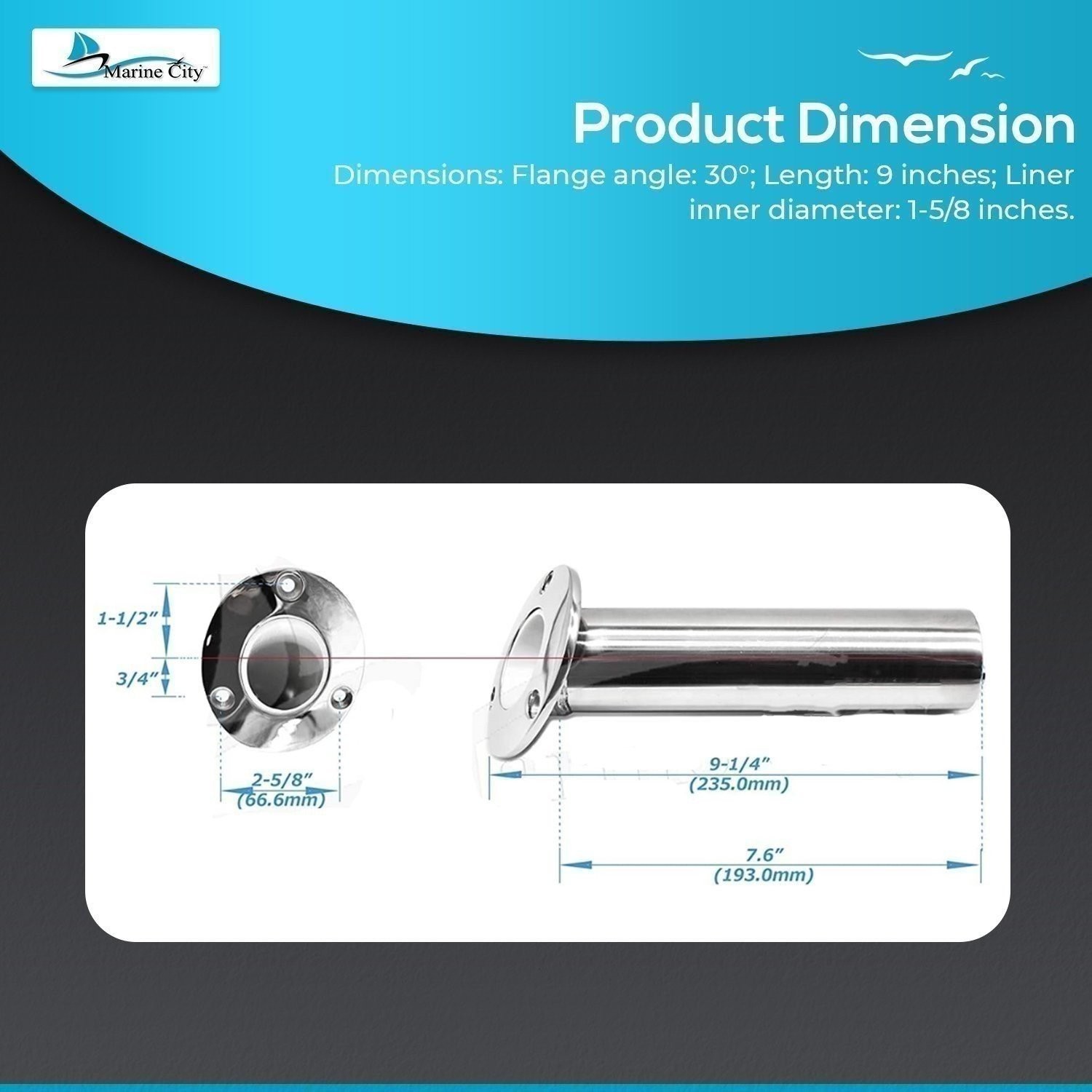 Marine City 316 Stainless Steel Fishing Rod Holder Drain Flush Mount 30° Angle